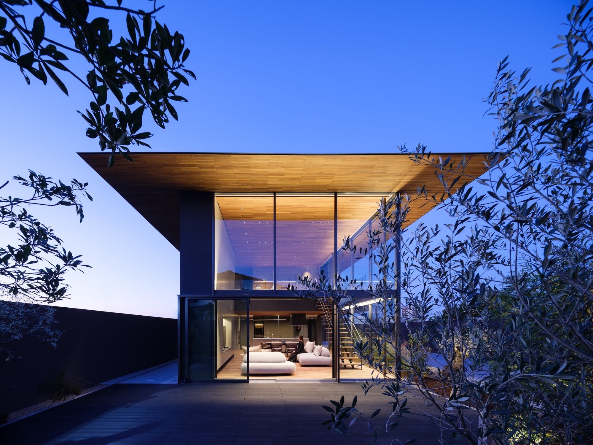 Two-storey glass facade under a deep timber-lined cantilevered roof at dusk, framed by olive tree branches in the foreground