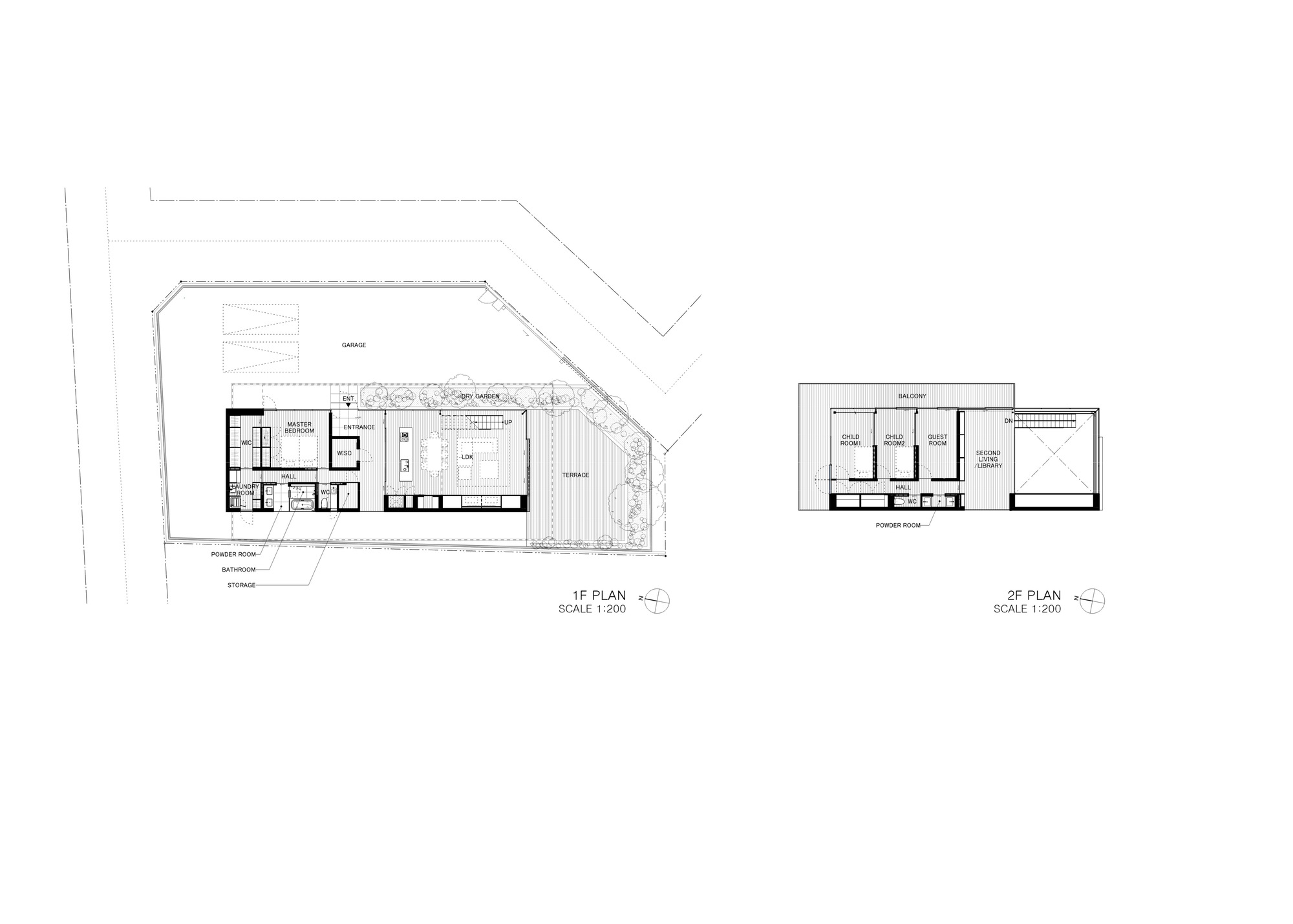Floor plan drawing of ground and upper levels showing bedrooms, living area, terrace, garage and a balcony on the site outline