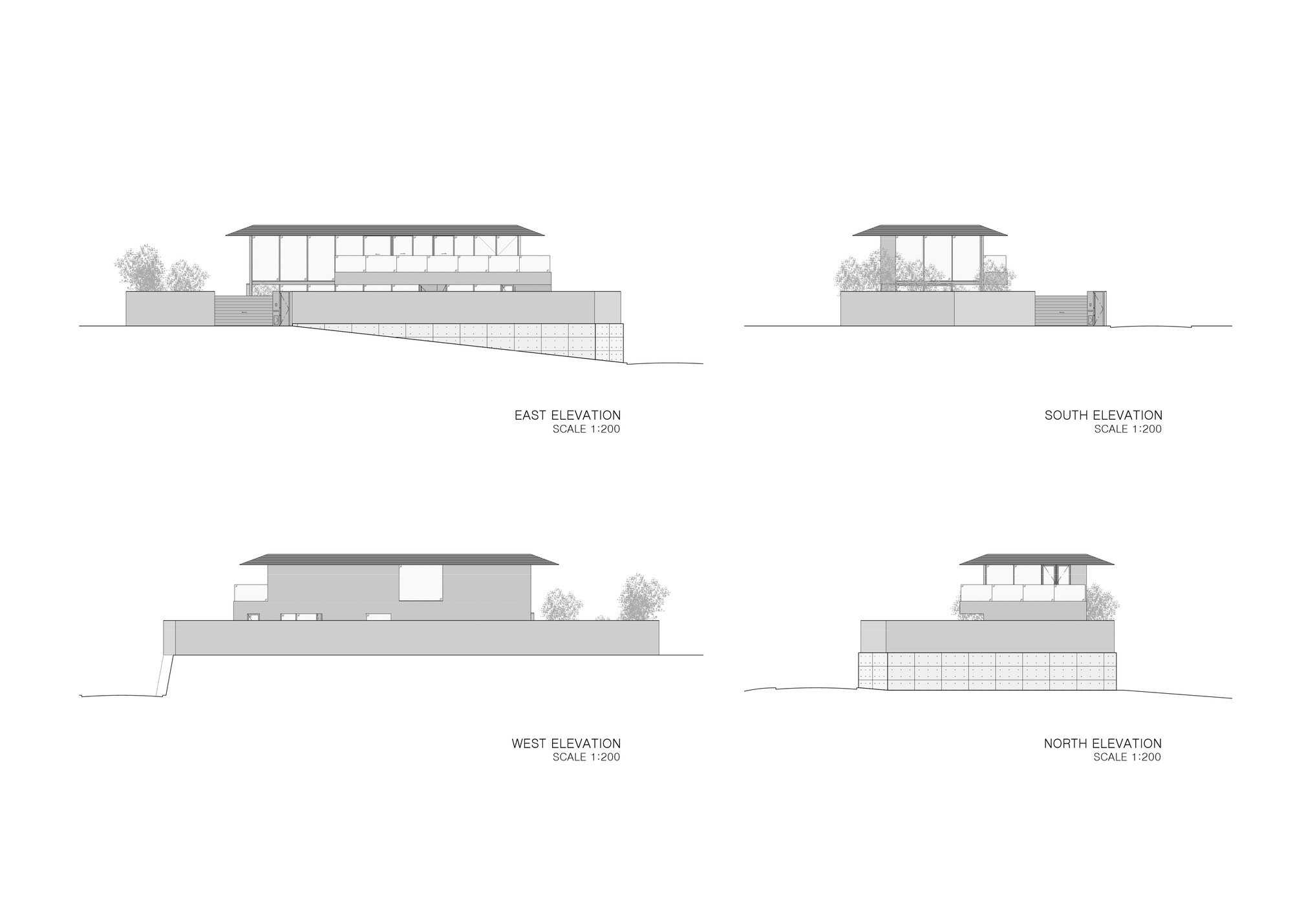 Four elevation drawings, east, south, west and north, showing a low flat-roofed house with a wide eave above a sloping base wall