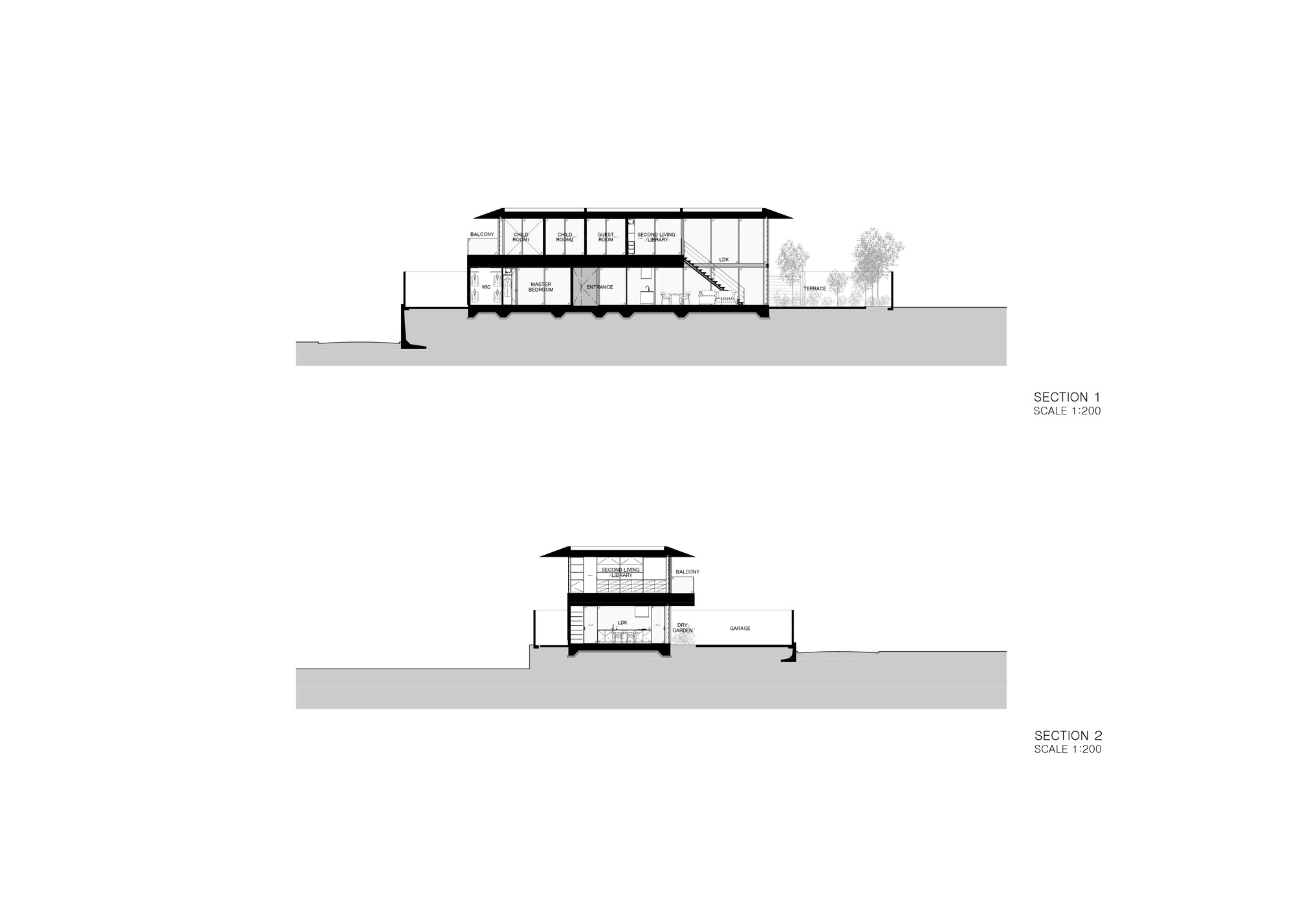 Two building section drawings at 1:200 showing a two-storey house with bedrooms, living areas, terrace, garage and a stair, set into sloping ground