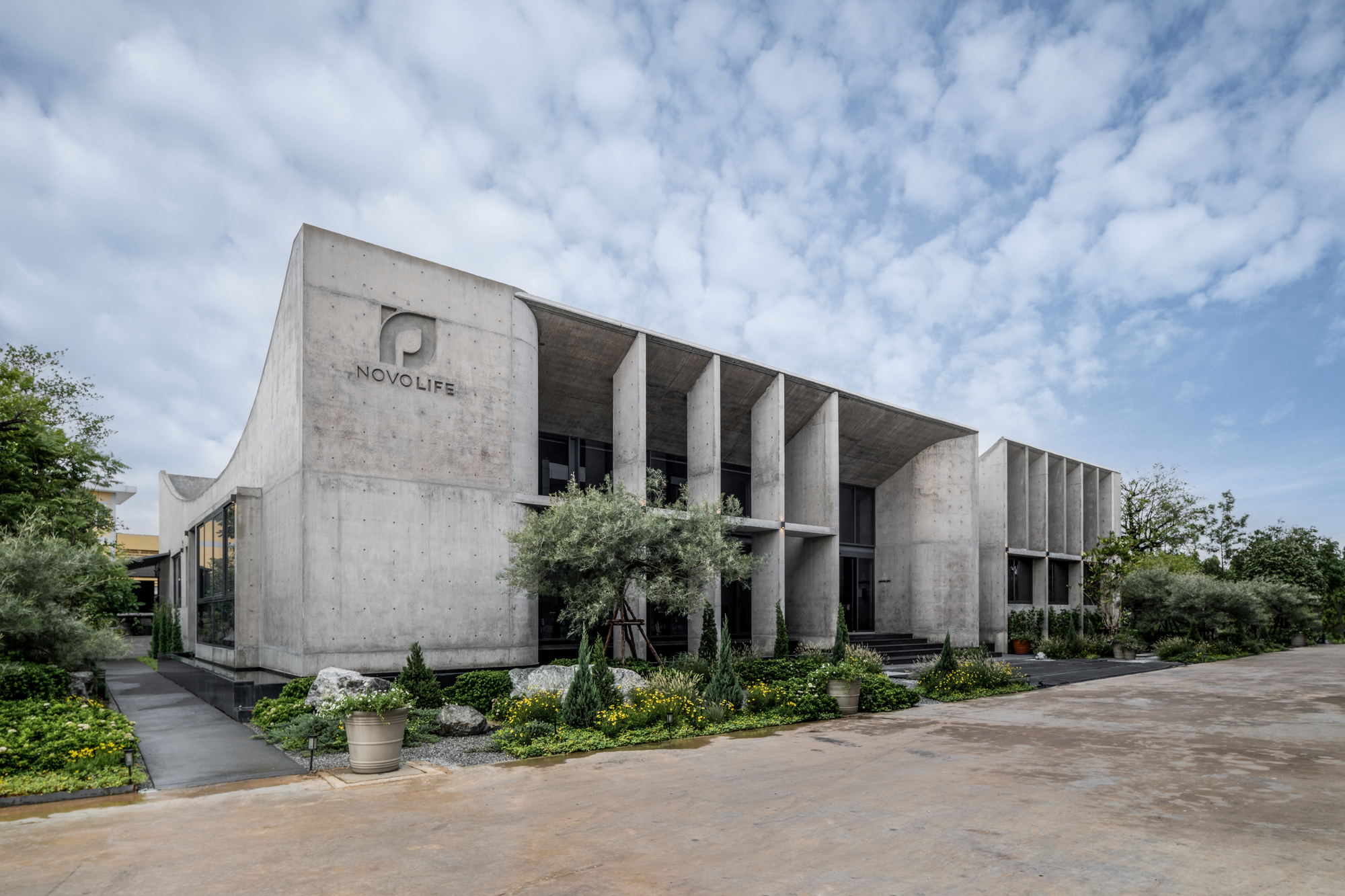 Corner view of the board-formed concrete facade with deep fins and a cantilevered roof, framed by olive trees under a cloudy sky