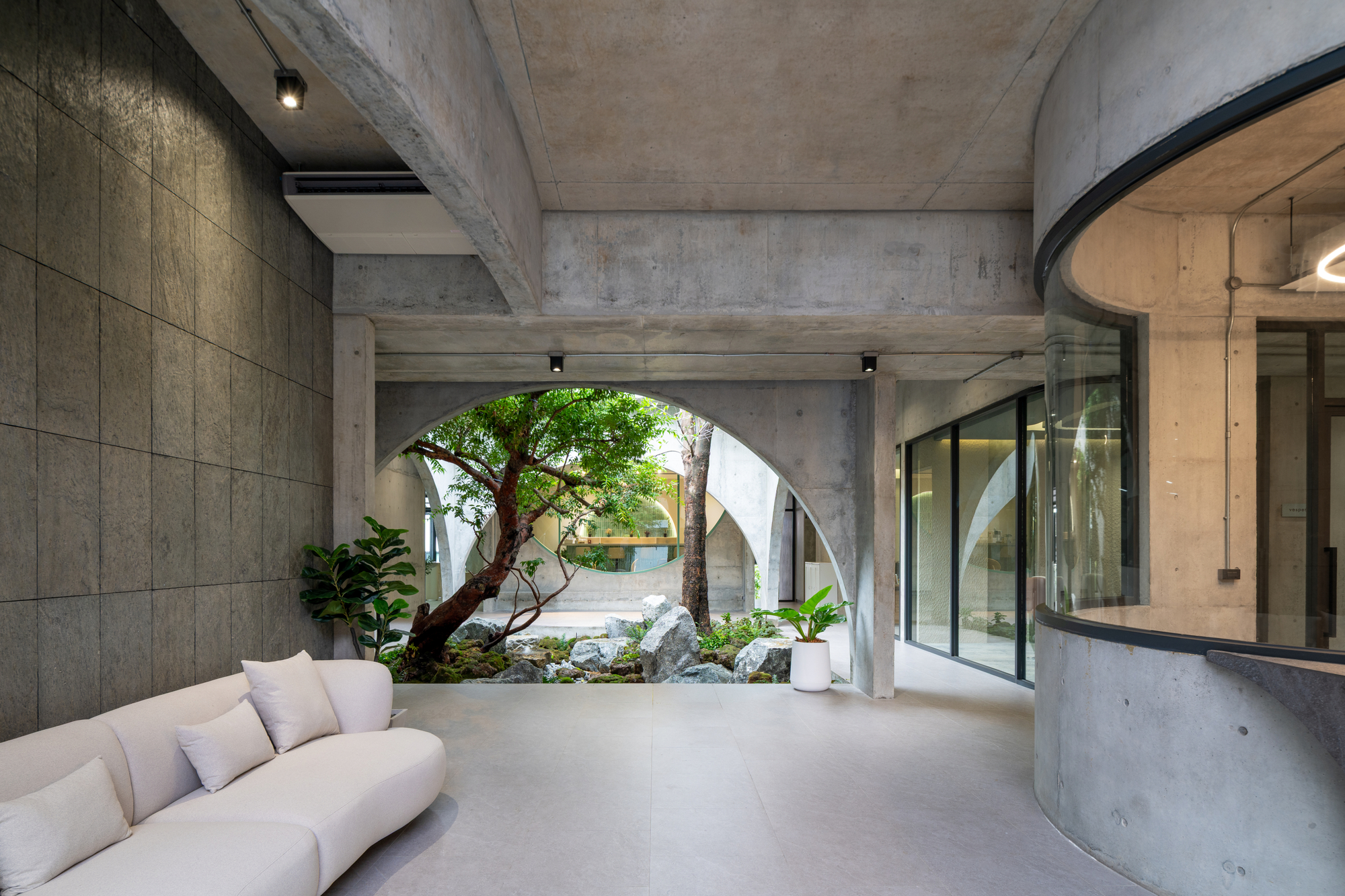 Concrete lounge with a curved white sofa and a rounded glass meeting room, opening through an arch to the courtyard tree