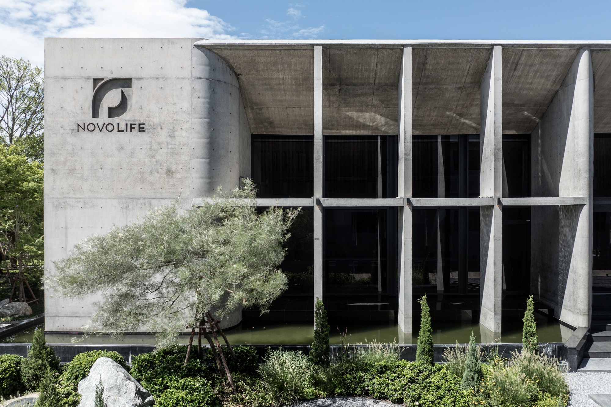 Board-formed concrete facade with a curved corner and deep-set glazing behind a reflecting pool, with a pine and shrubs in the foreground