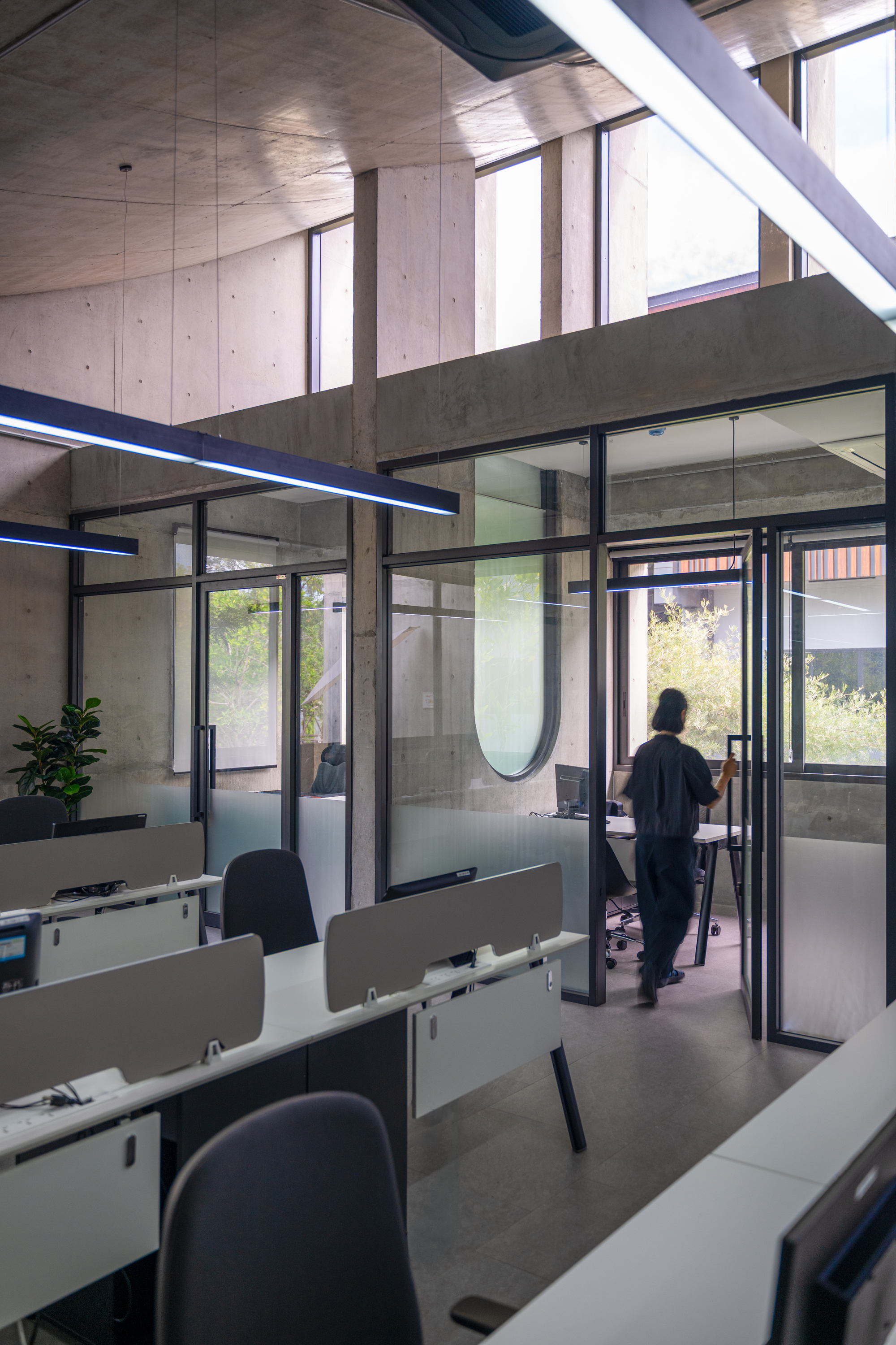 Open office with glass partitions and linear pendant lights, a person standing at a desk in daylight from clerestory windows