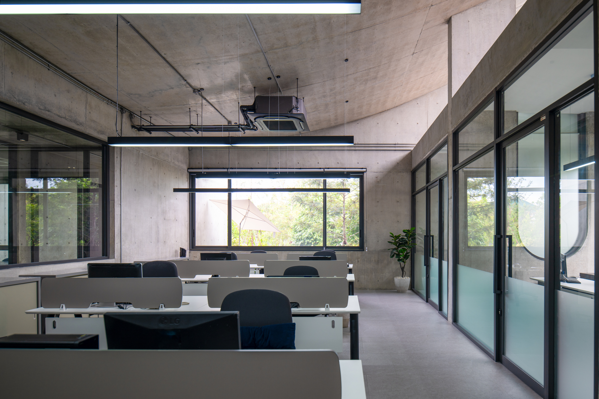 Office floor with rows of white desks under an exposed concrete ceiling, with green treetops visible through the far window