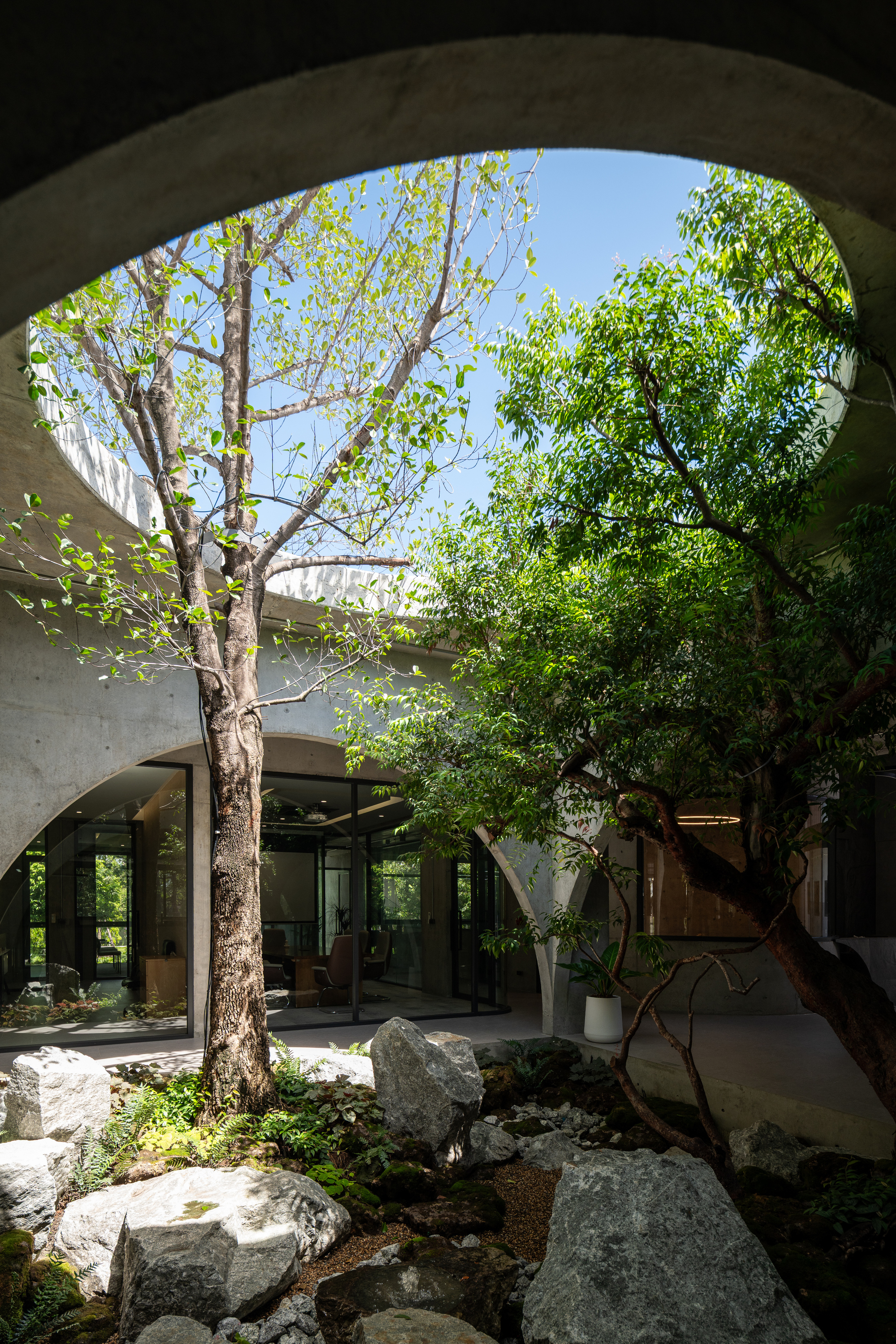 Looking up through a circular concrete opening at courtyard trees and mossy boulders under a blue sky