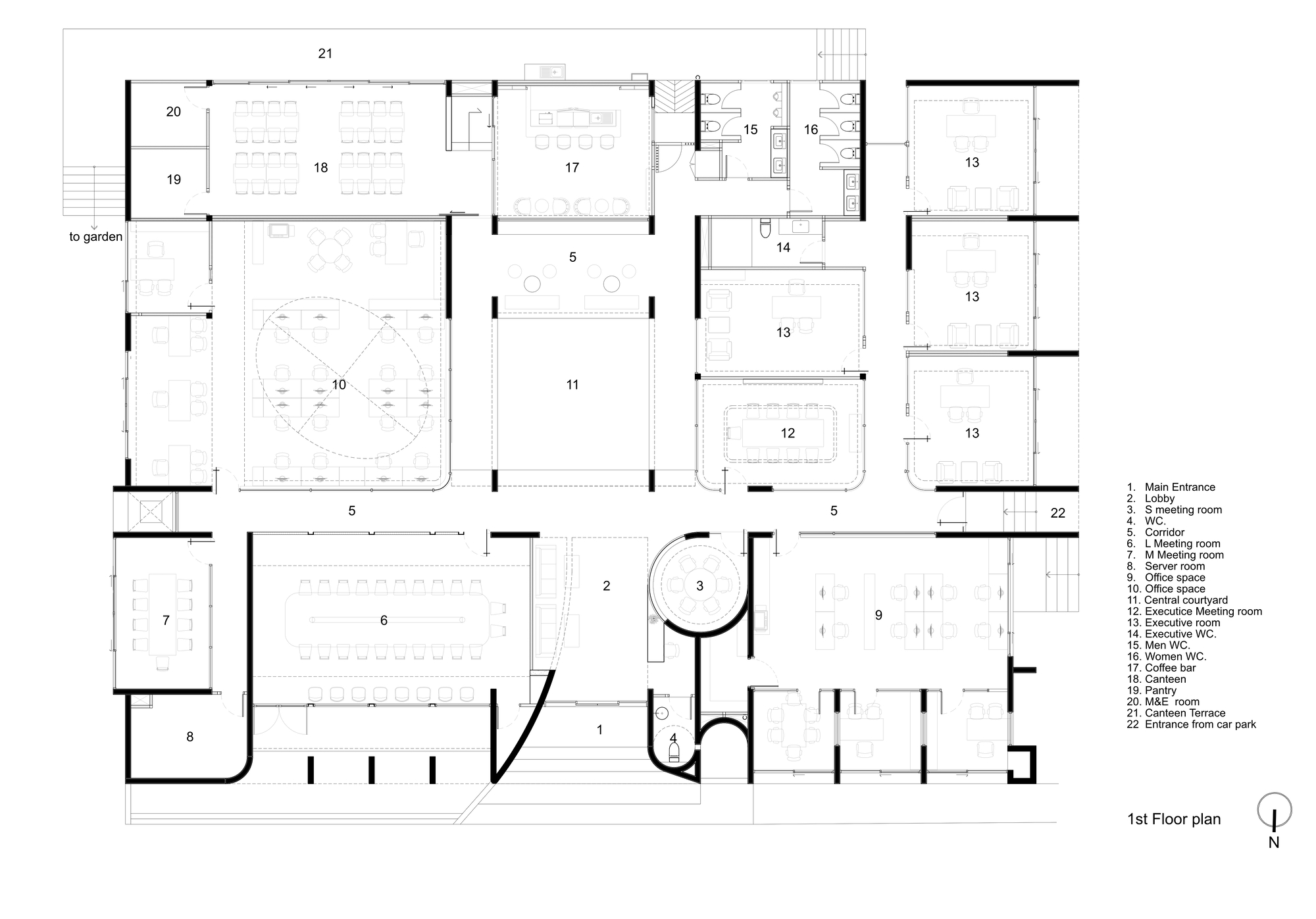 First floor plan drawing showing offices, meeting rooms, canteen and a central courtyard arranged around a lobby, with a numbered legend