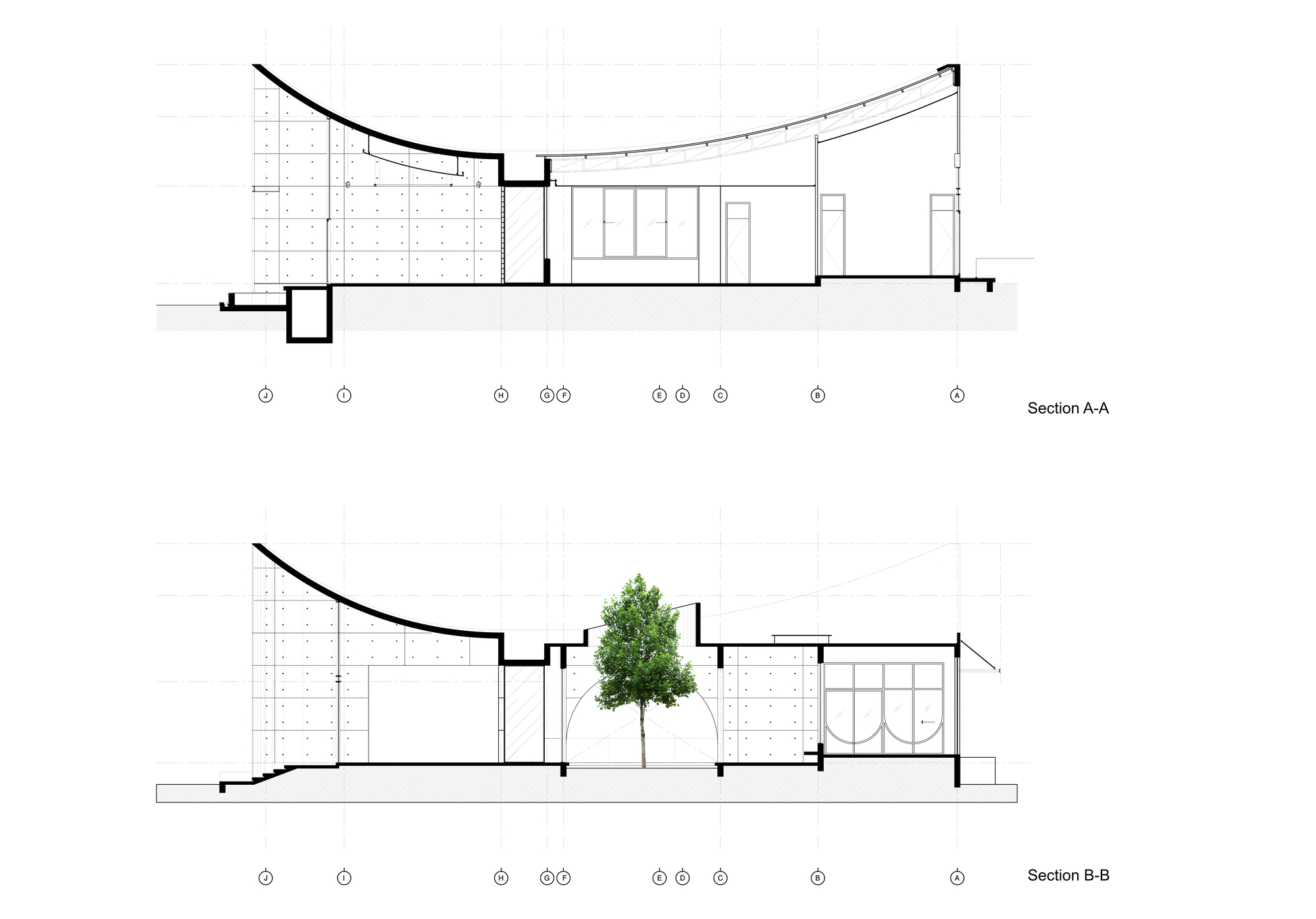 Two section drawings, A-A and B-B, showing the curved roof sweeping over interior rooms, with a tree standing in the courtyard cut