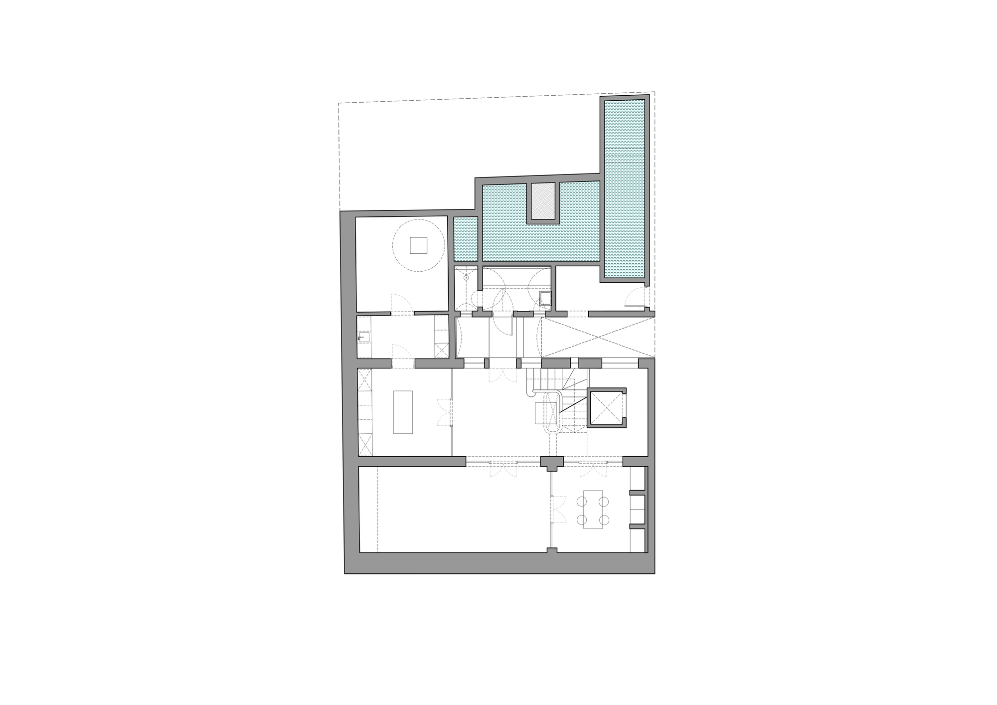 Floor plan drawing of the lowest level showing thick masonry walls, central stair and teal-shaded water volumes at the rear