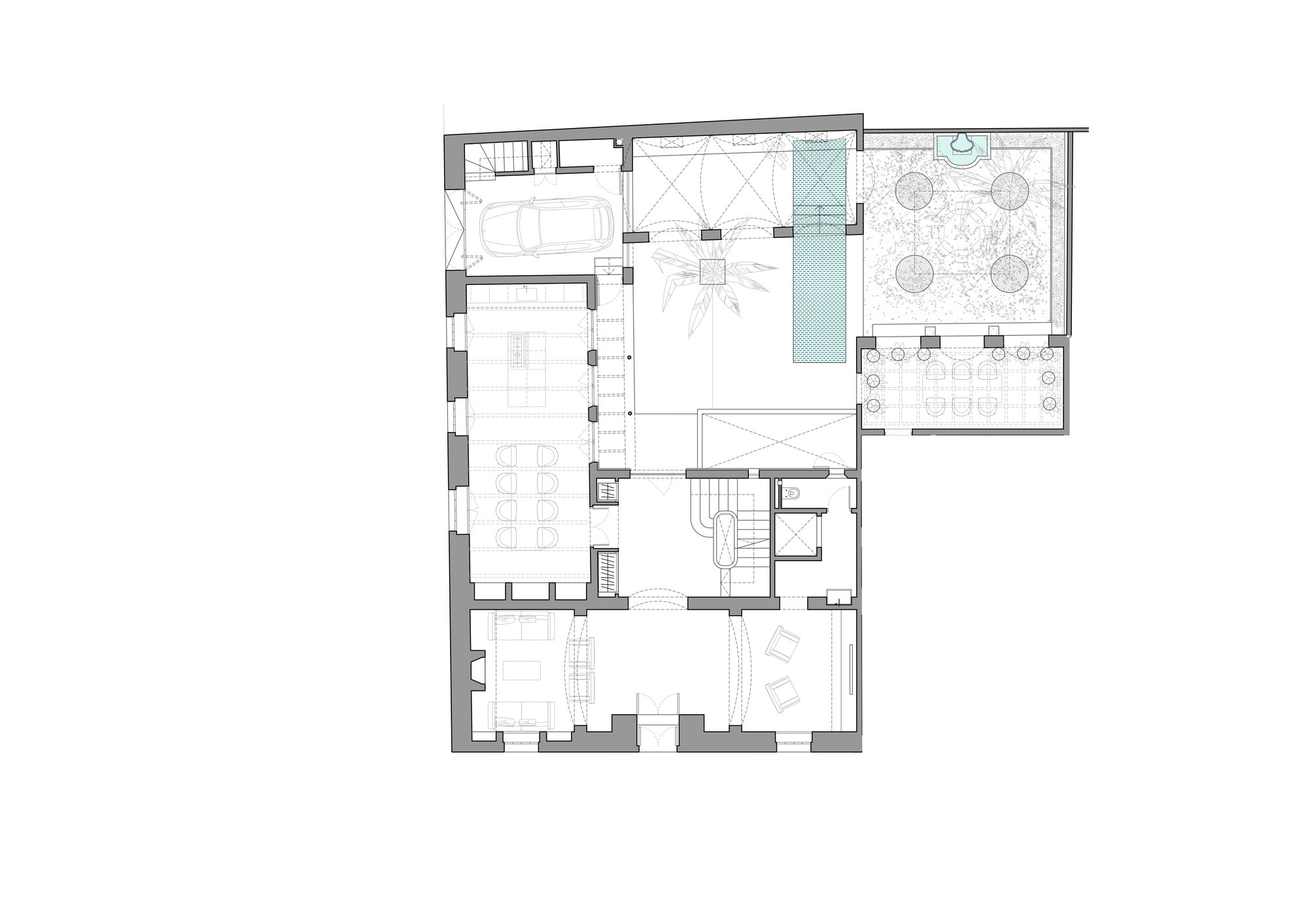 Ground floor plan drawing with a garage, long dining room, central courtyard with a palm and pool, and a walled garden with four trees