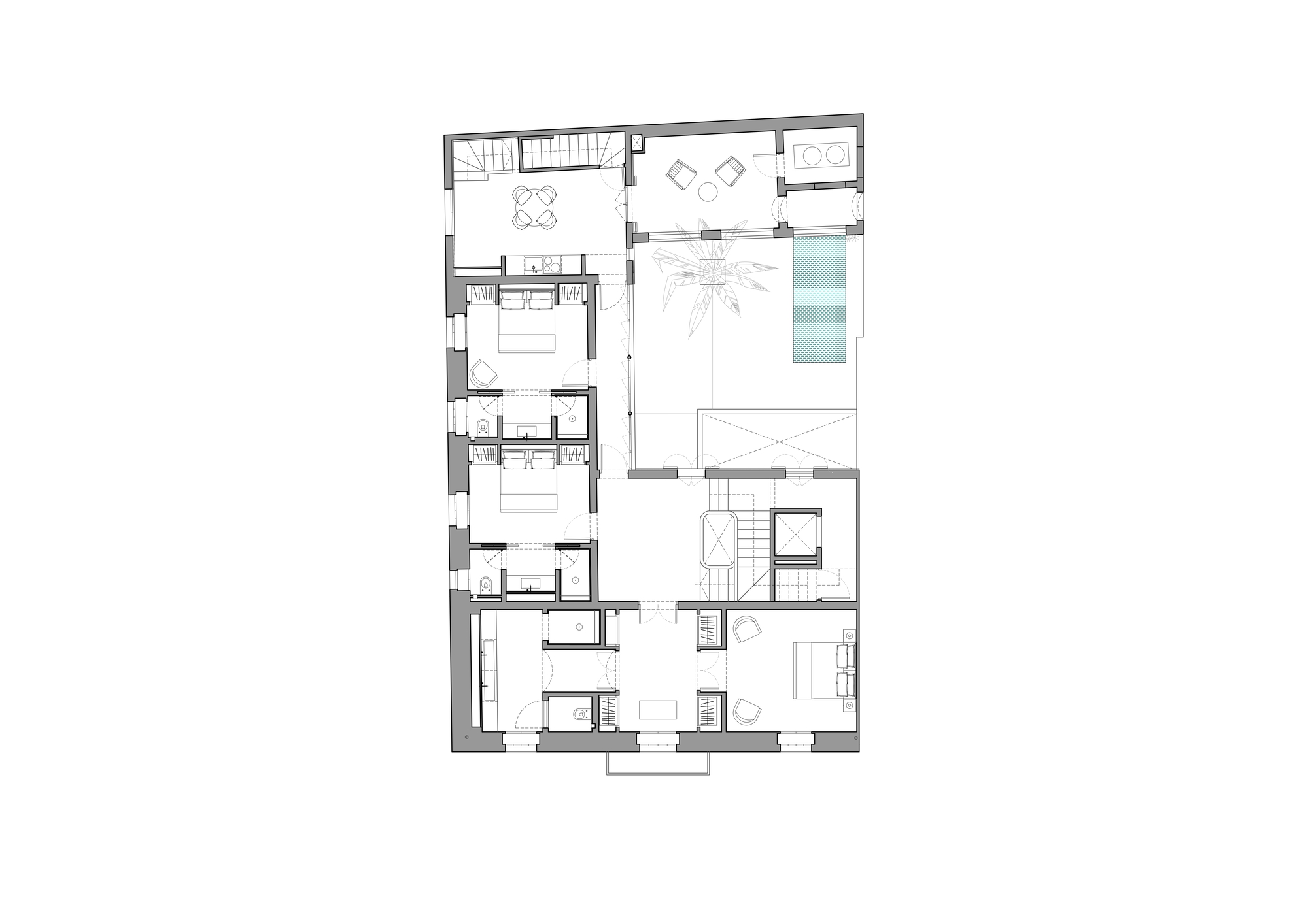 First floor plan drawing showing bedrooms with bathrooms along the left side, a central stair and a void around the palm and pool