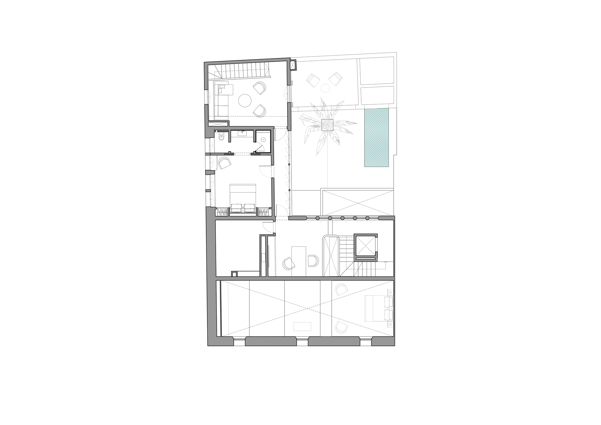 Top floor plan drawing with a bedroom, study and lounge around a central stair, with the courtyard palm and pool shown at right