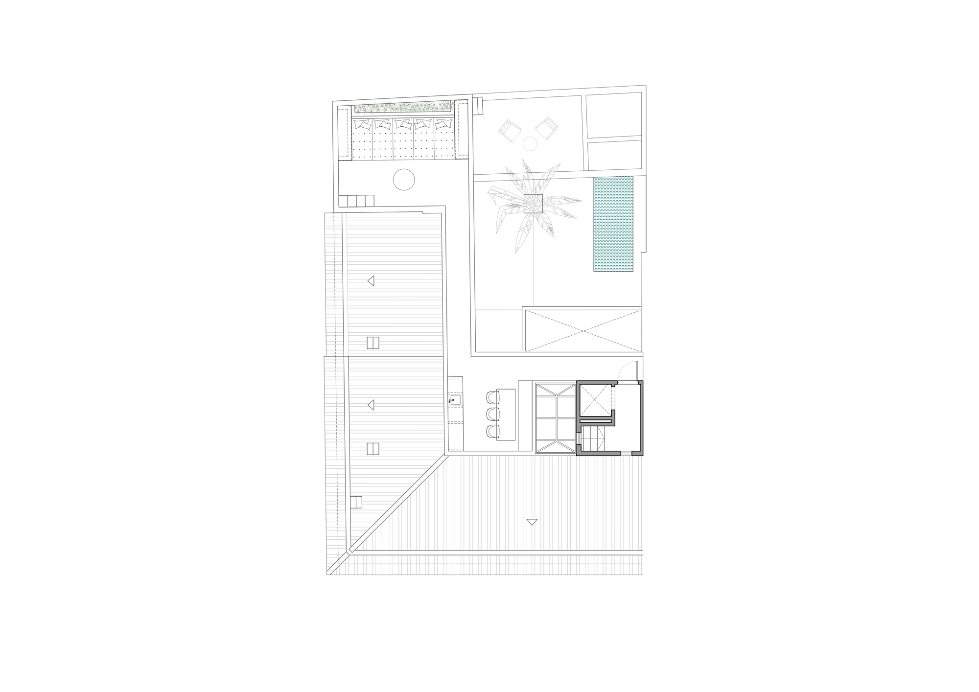 Roof plan drawing showing a courtyard with a palm tree and teal pool beside pitched roof planes and a stair core
