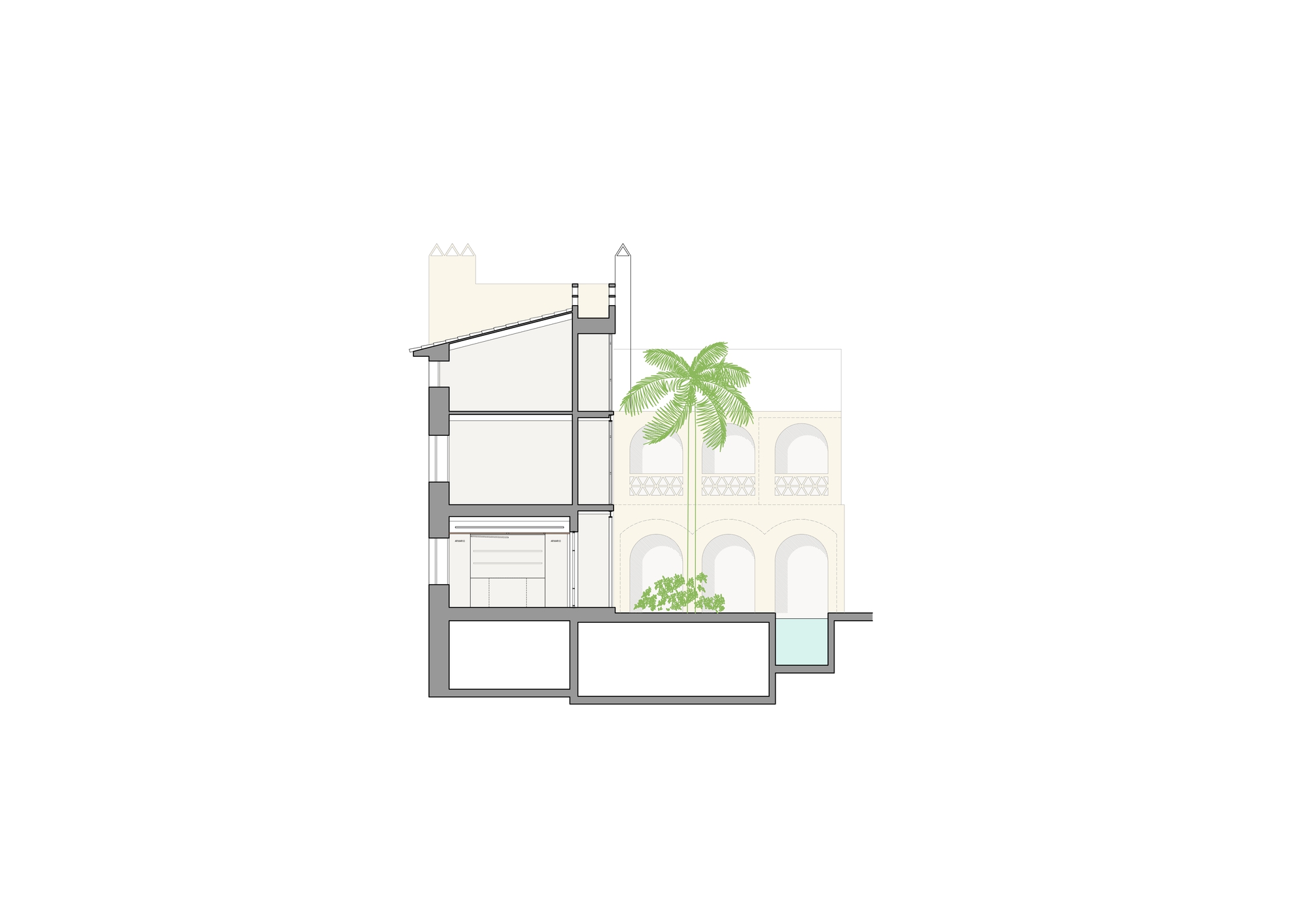 Building section drawing cutting through a pitched-roof wing and basement, with a palm tree and pool beside an arcaded courtyard facade