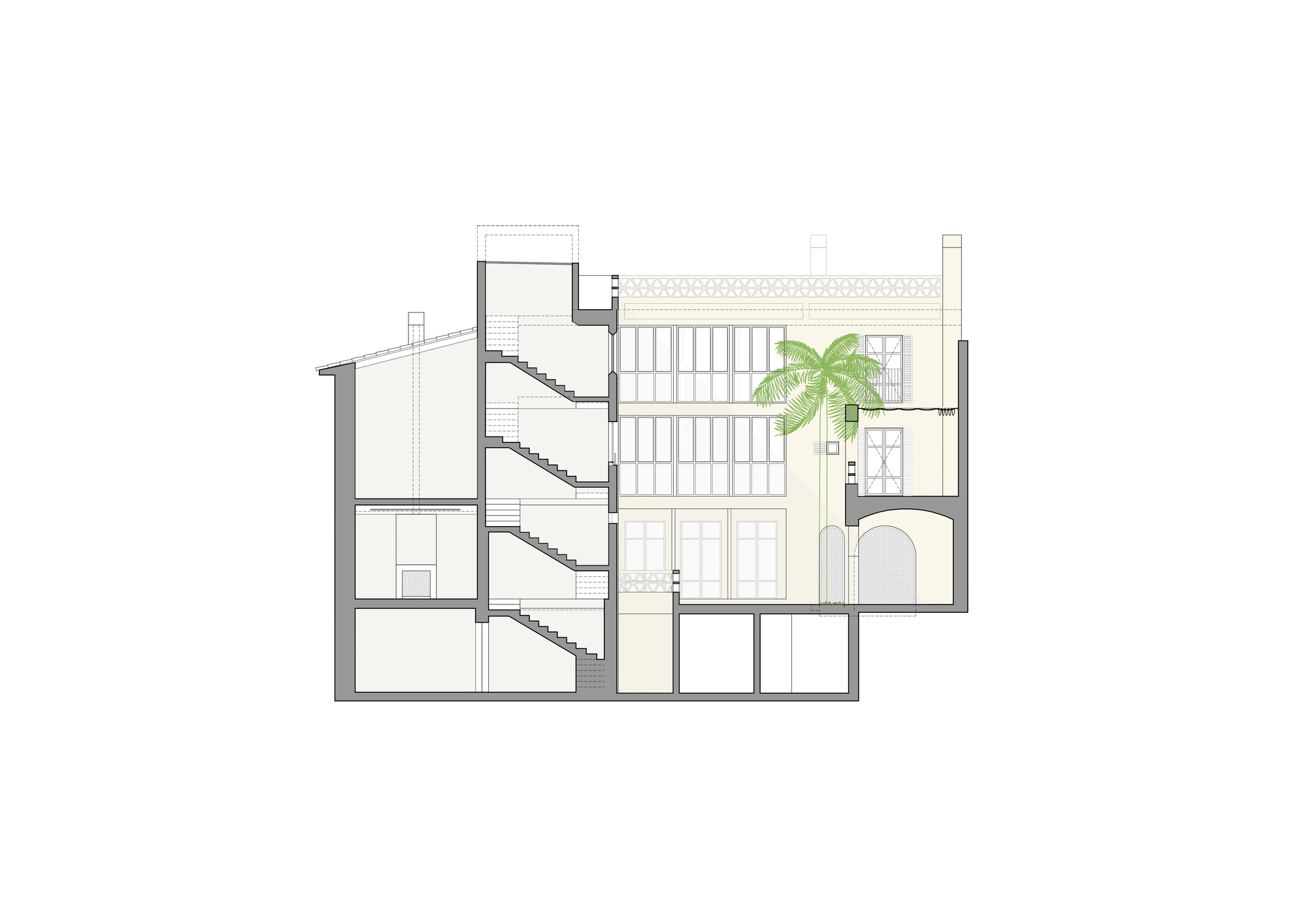 Longitudinal section drawing showing a stepped stair core, basement vaults and a tall glazed wall facing a palm-planted courtyard