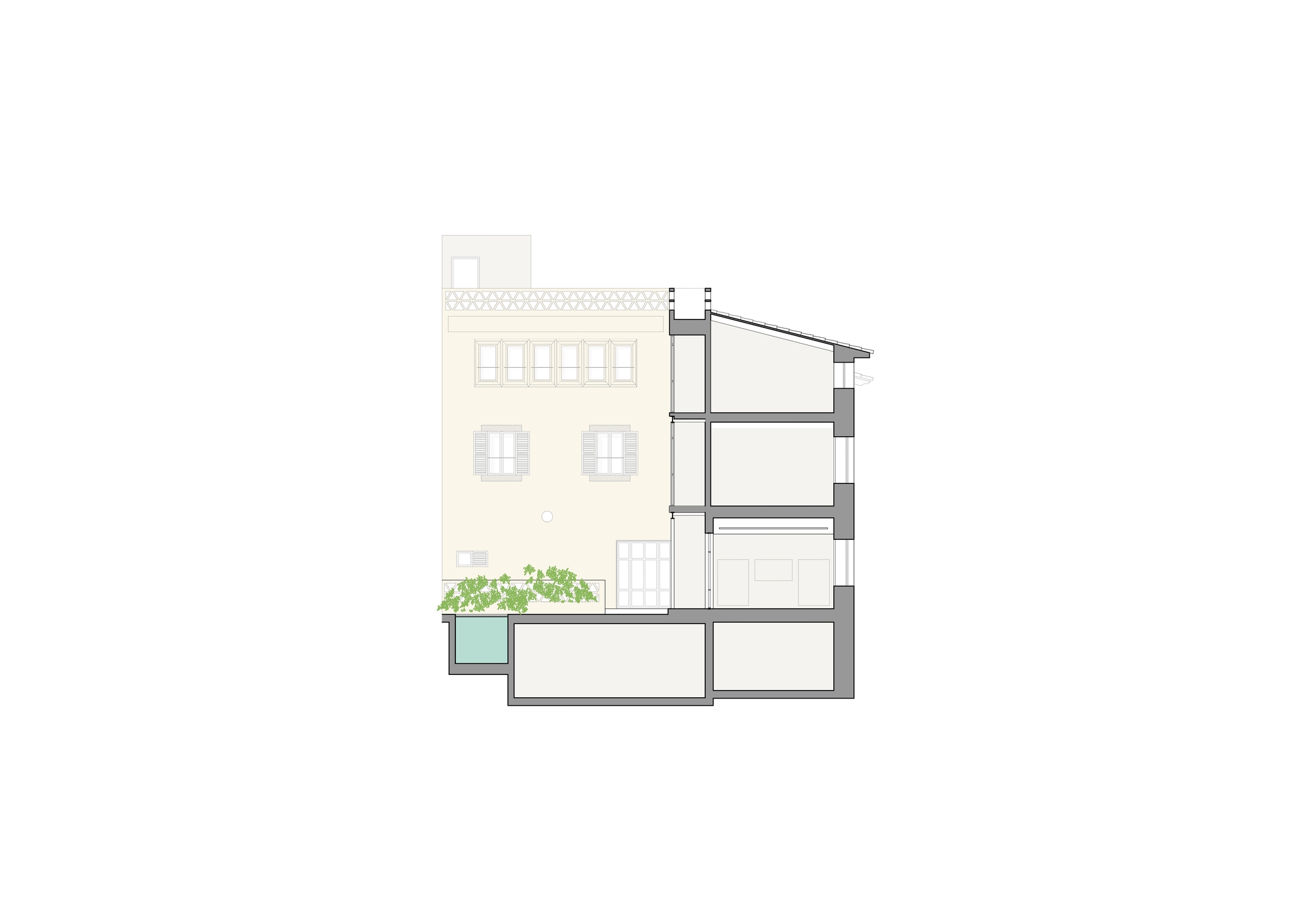 Section drawing showing a shuttered courtyard facade with a planted terrace and pool above a basement, beside a pitched-roof wing