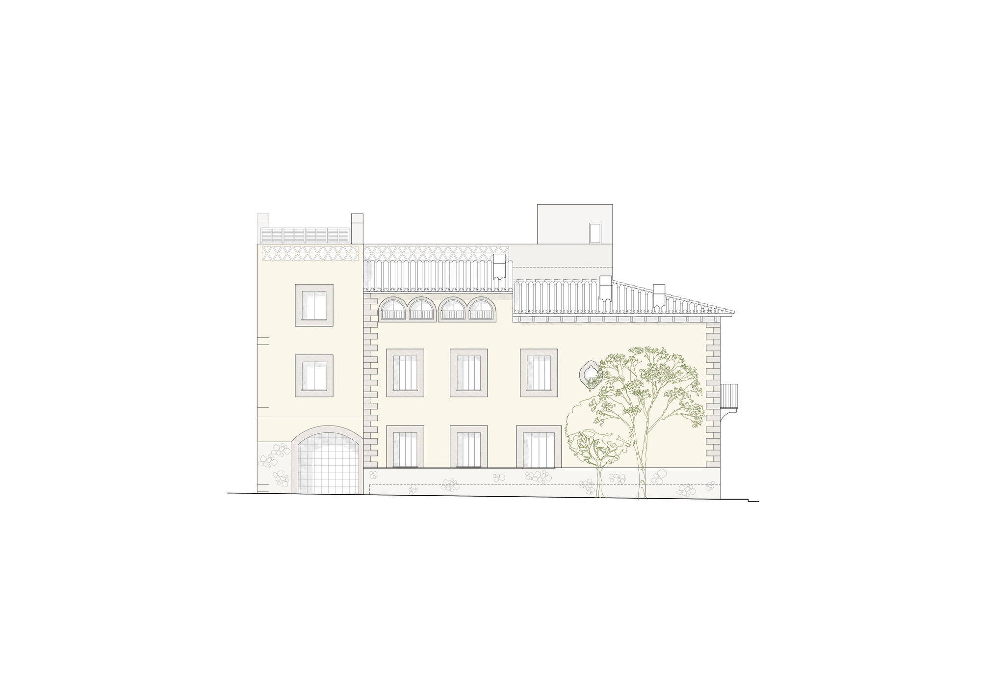 Elevation drawing of a tiled-roof house with a large arched gateway, rows of windows and a tree sketched at the right
