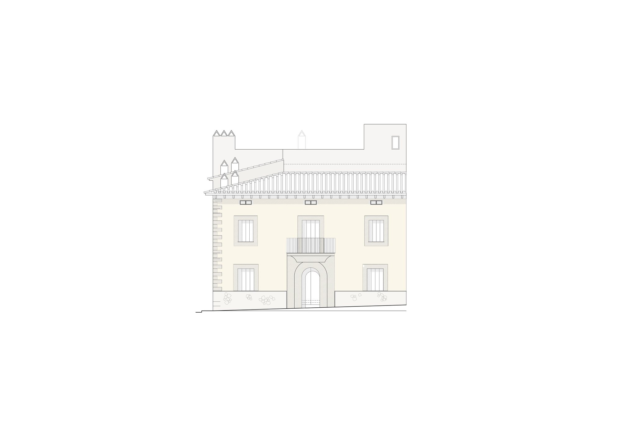 Front elevation drawing of a symmetrical house with a central arched doorway, balcony above, shuttered windows and a tiled eave