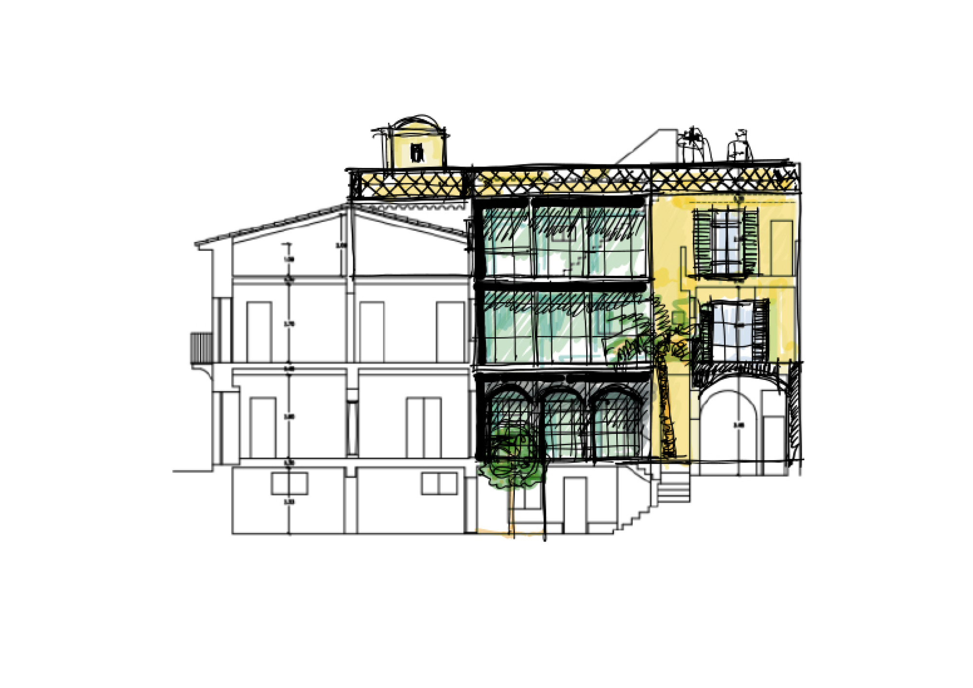 Colored sketch section drawing of a stepped house, with a glazed greenhouse bay, arched ground-floor openings and a palm tree beside a yellow facade