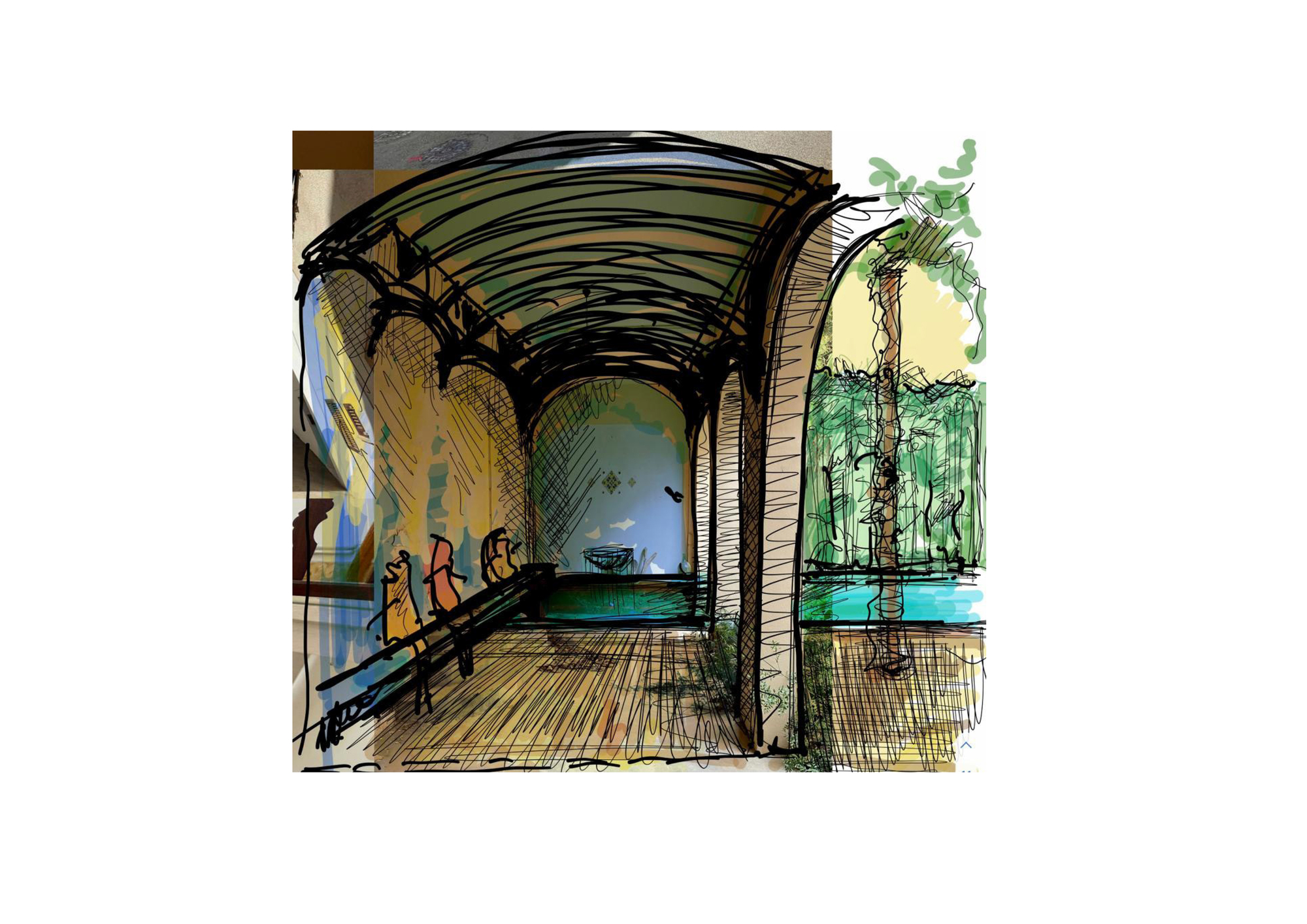 Perspective sketch of a vaulted arcade with timber decking, seated figures on a bench and a turquoise pool glimpsed through an arch