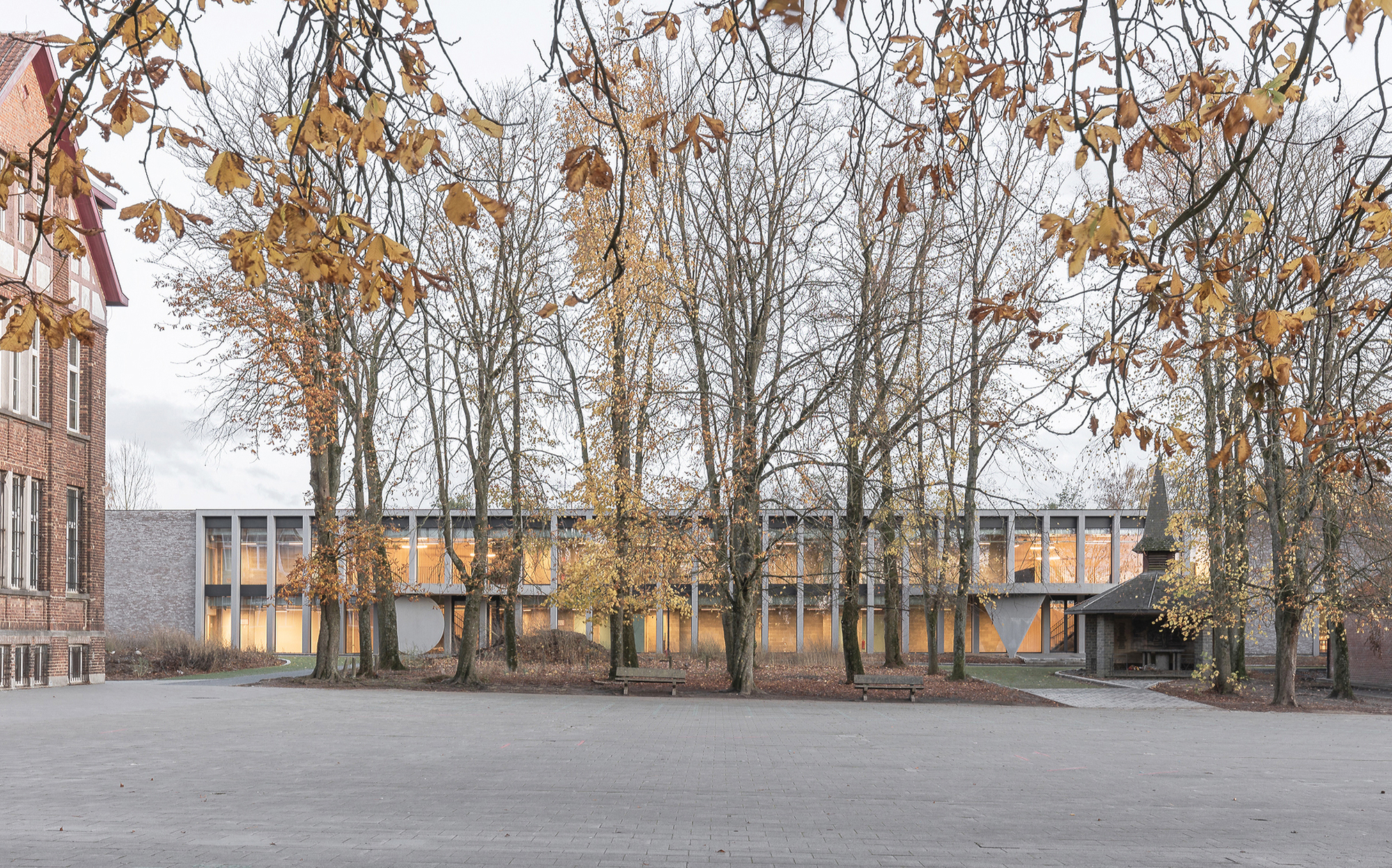 Low glazed school wing with concrete frame seen through bare linden trunks and fallen leaves beside a small chapel on an overcast autumn day