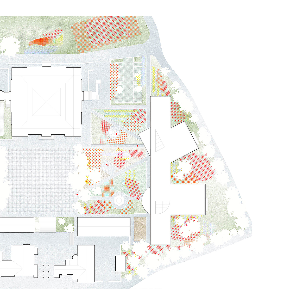 Site plan drawing showing a long cross-shaped building with angled wings beside a courtyard, planted beds and tree canopies in pale green and red