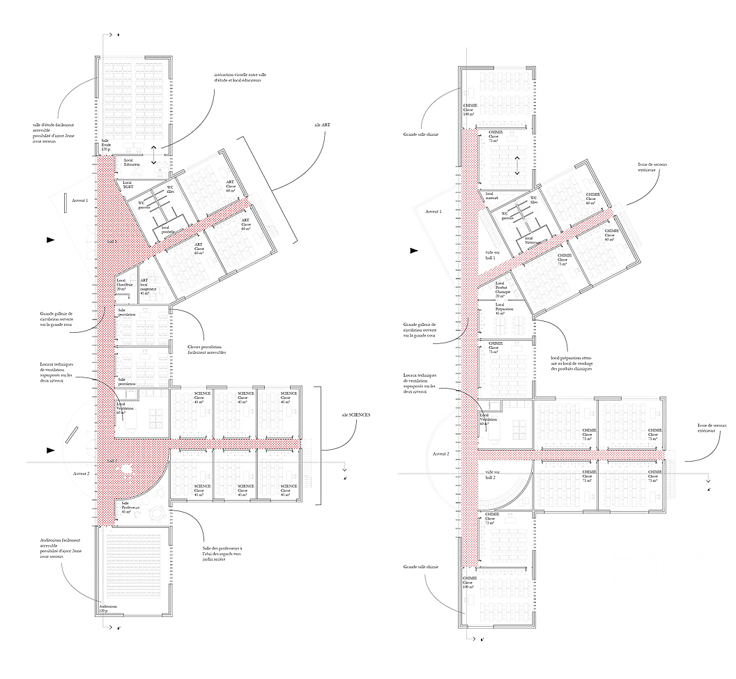 Two floor plan drawings of a long spine with angled wings, classrooms and annotated labels, with a red hatched circulation corridor