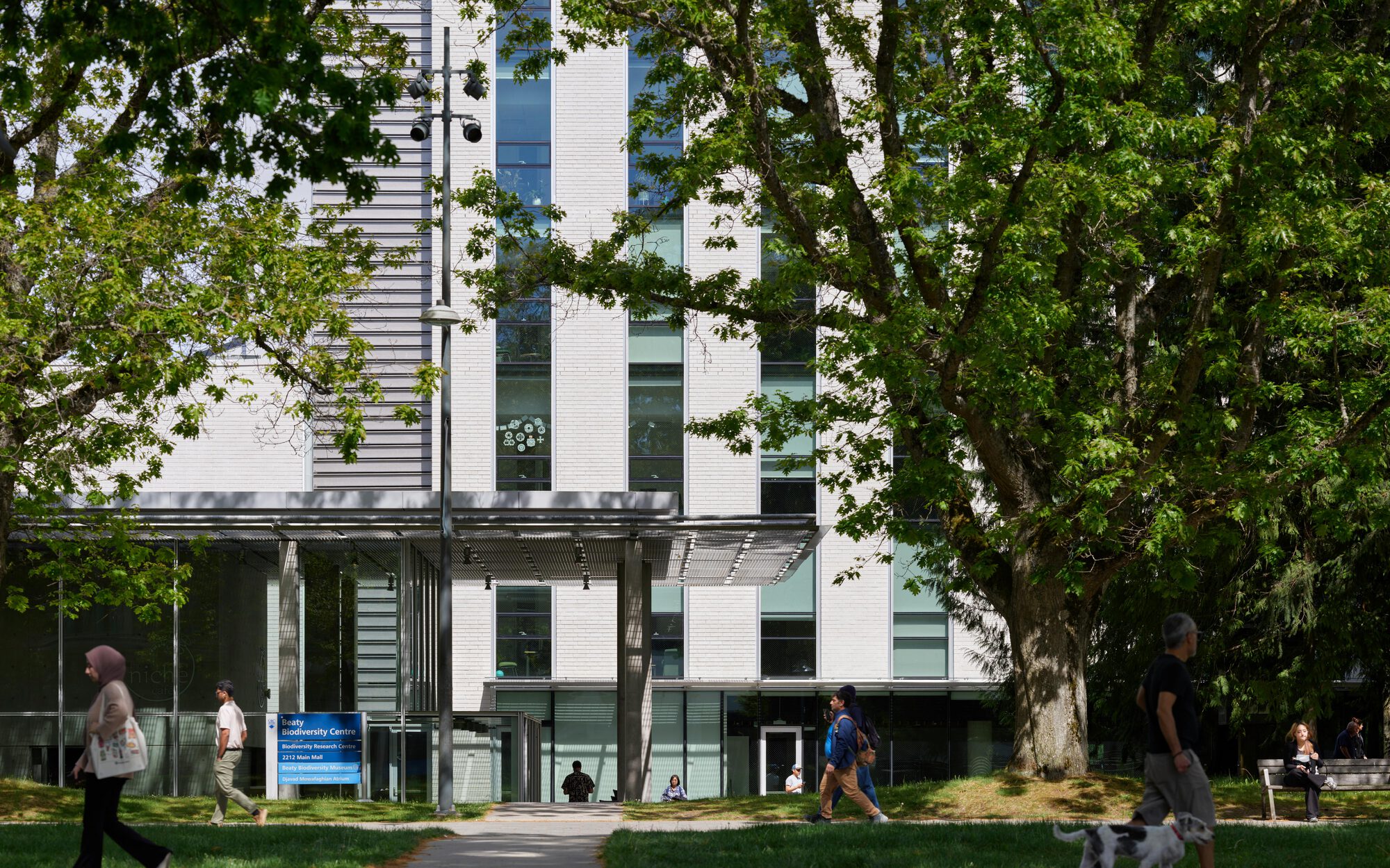 Close view of the entrance canopy and white brick facade with tall windows behind a leafy tree, a dog and pedestrians in the foreground