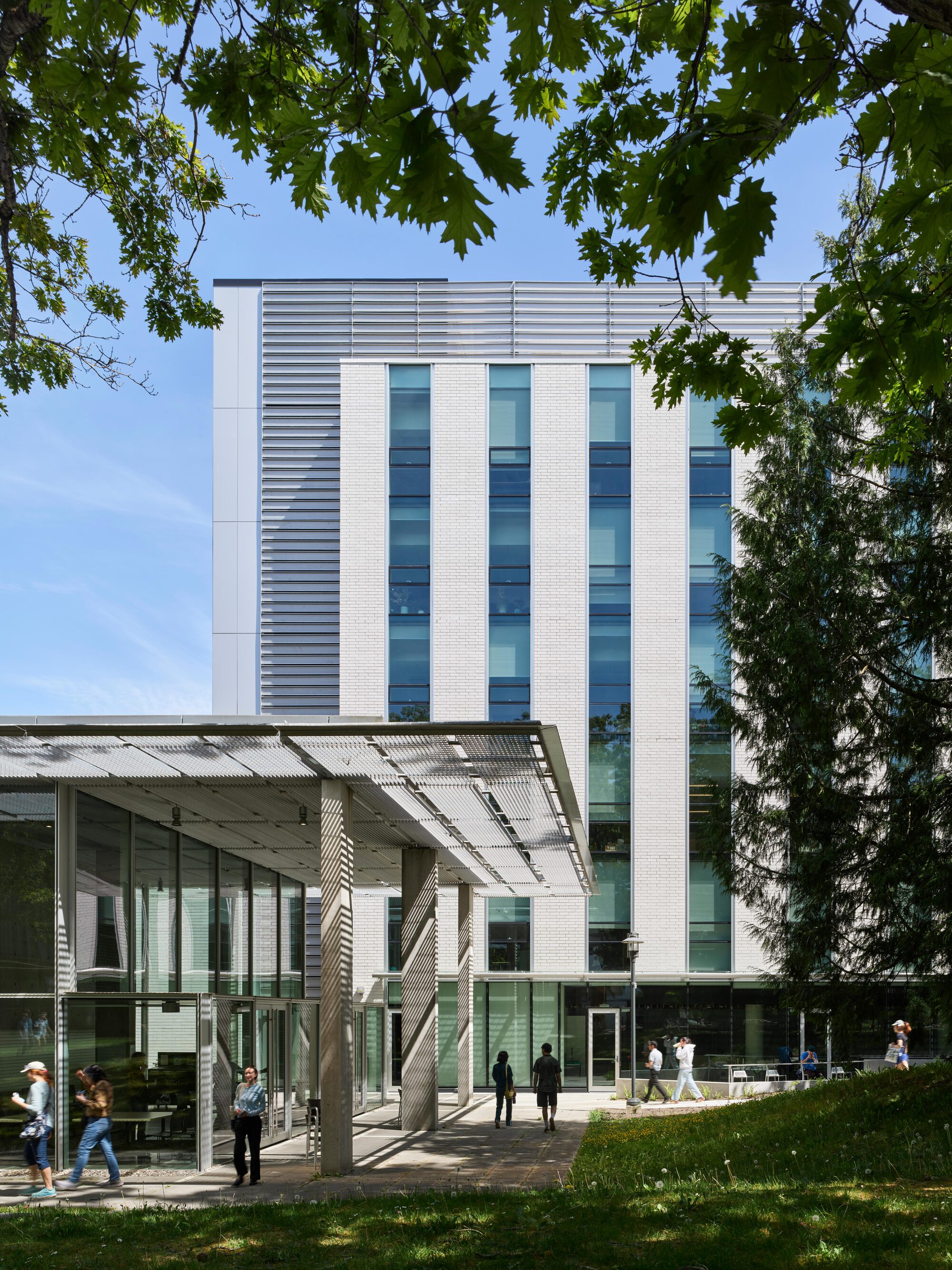 White brick tower with tall blue glass slots and a perforated metal canopy over the entry, framed by oak leaves in sunshine