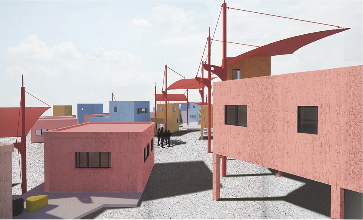 Rendering of pink and blue box houses on stilts beside red mast-supported canopies, with a small group standing on gravel in bright sun. Image: Yinuo Lu, chengyan lian, Jiayue Liu