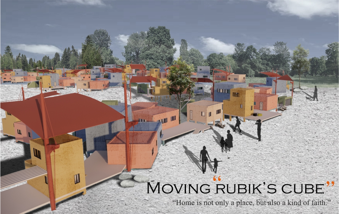 Rendered village of colorful stilted cubes with red sail canopies on gravel, a family walking in the foreground under a cloudy sky. Image: Yinuo Lu, chengyan lian, Jiayue Liu