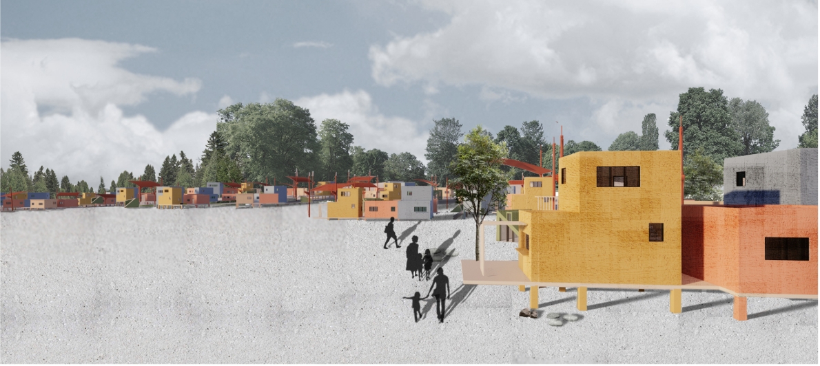 Rendering of a yellow and orange box house raised on thin stilts, with figures walking toward a distant cluster of houses. Image: Yinuo Lu, chengyan lian, Jiayue Liu