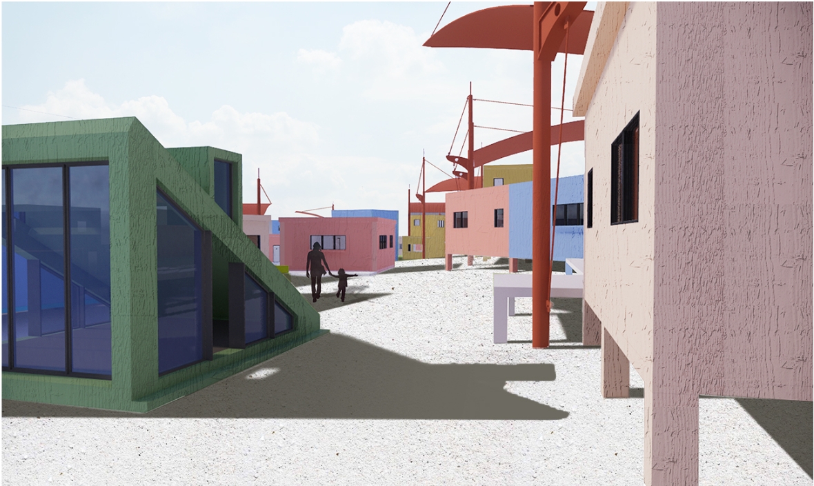 Green angular-walled glazed volume facing a lane of pink and blue stilted houses, with an adult and child walking in daylight. Image: Yinuo Lu, chengyan lian, Jiayue Liu