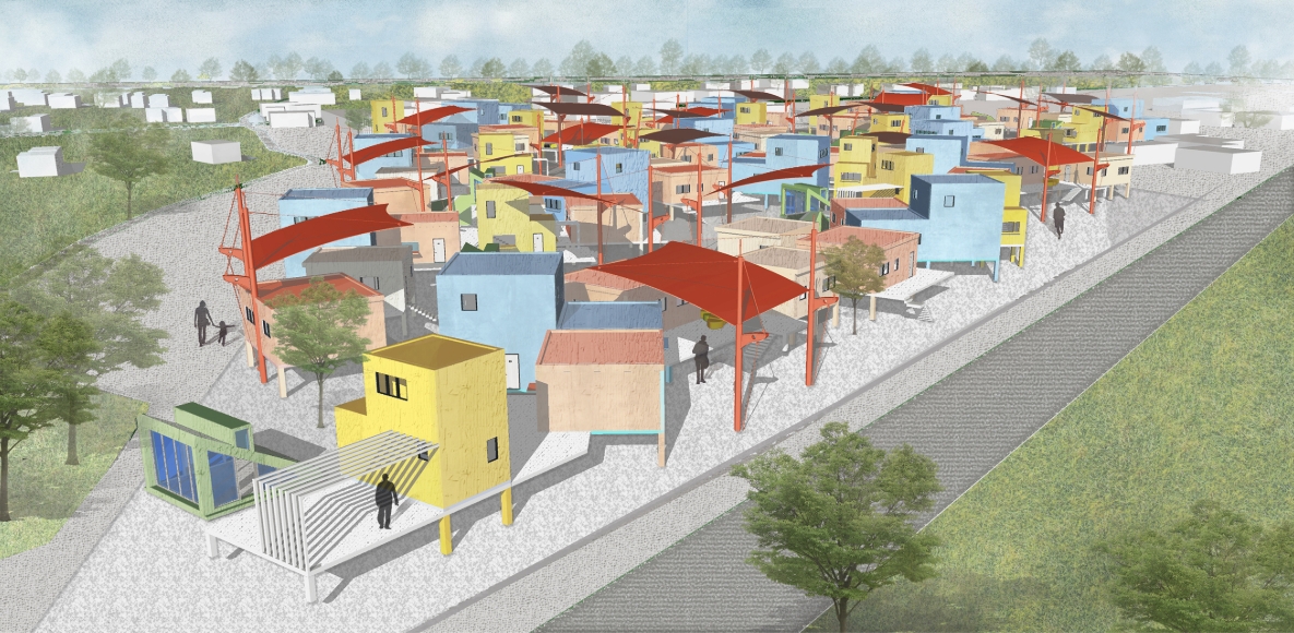 Aerial rendering of densely packed yellow, blue and pink houses under red tensile canopies, beside a road and green lawn. Image: Yinuo Lu, chengyan lian, Jiayue Liu