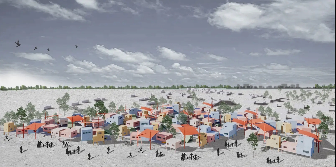 Distant view of a small colorful house cluster with red canopies on pale ground, crowds of figures and birds beneath a heavy cloudy sky. Image: Yinuo Lu, chengyan lian, Jiayue Liu