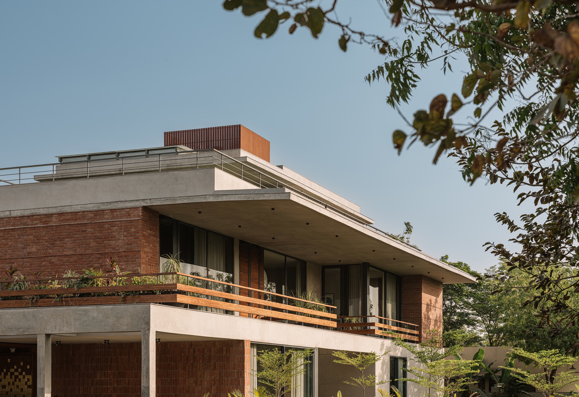 Corner view of the cantilevered concrete roof over a planted timber balcony and brick wall, framed by tree branches against a clear sky