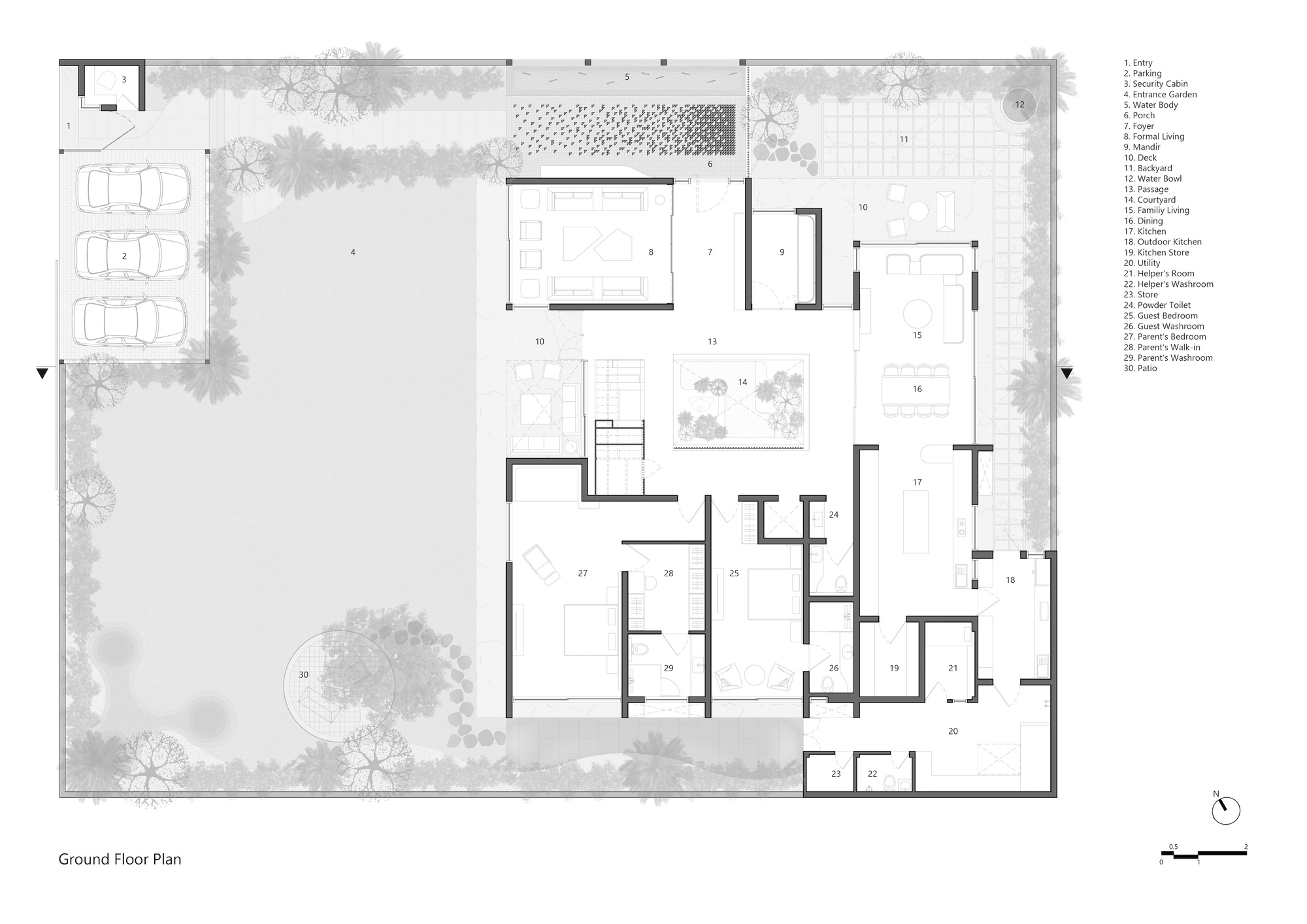 Ground floor plan drawing showing parking, a large lawn, central courtyard, living areas and bedrooms arranged around the garden