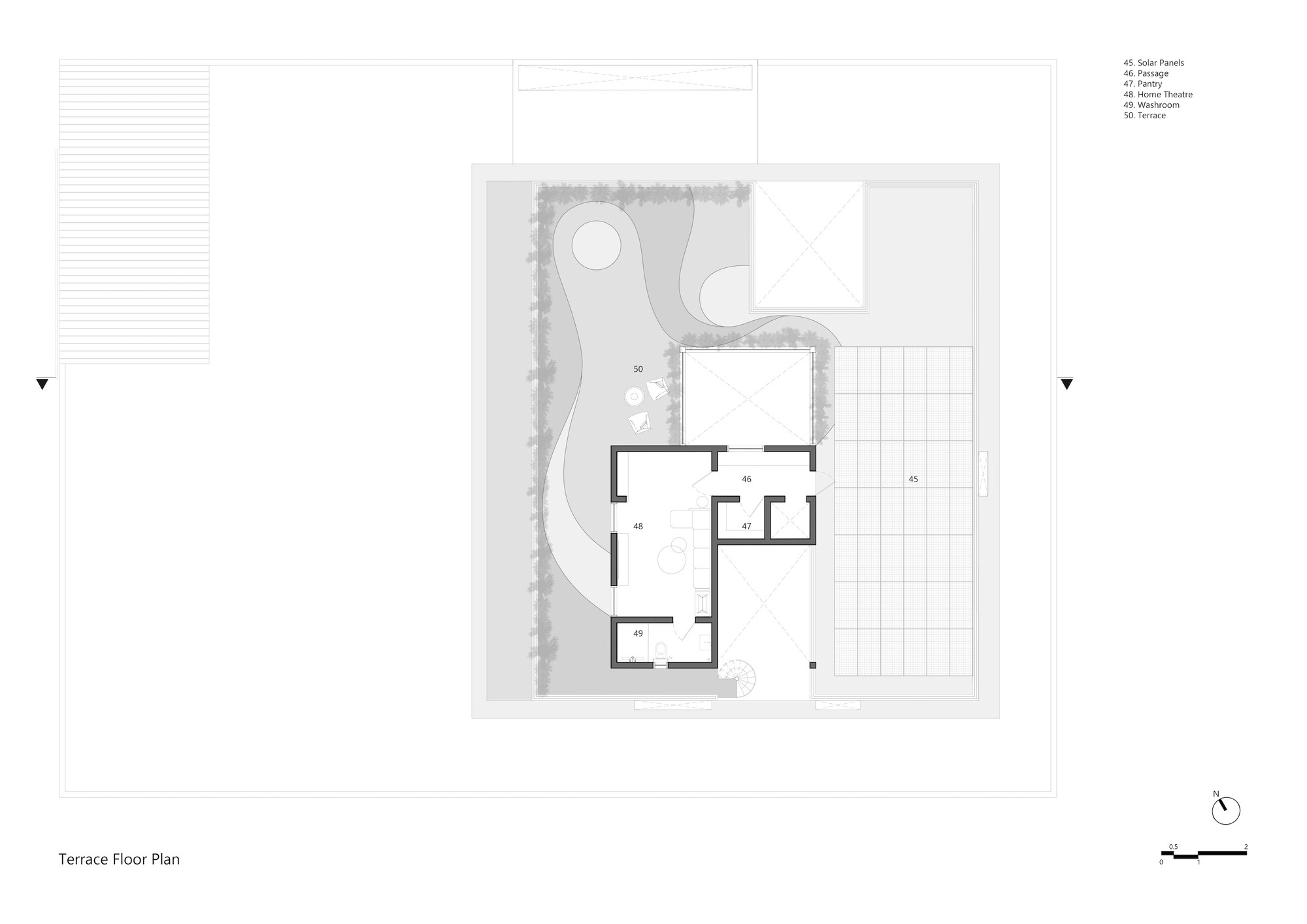 Terrace floor plan drawing showing a small home theatre volume, a curving planted terrace and a grid of solar panels