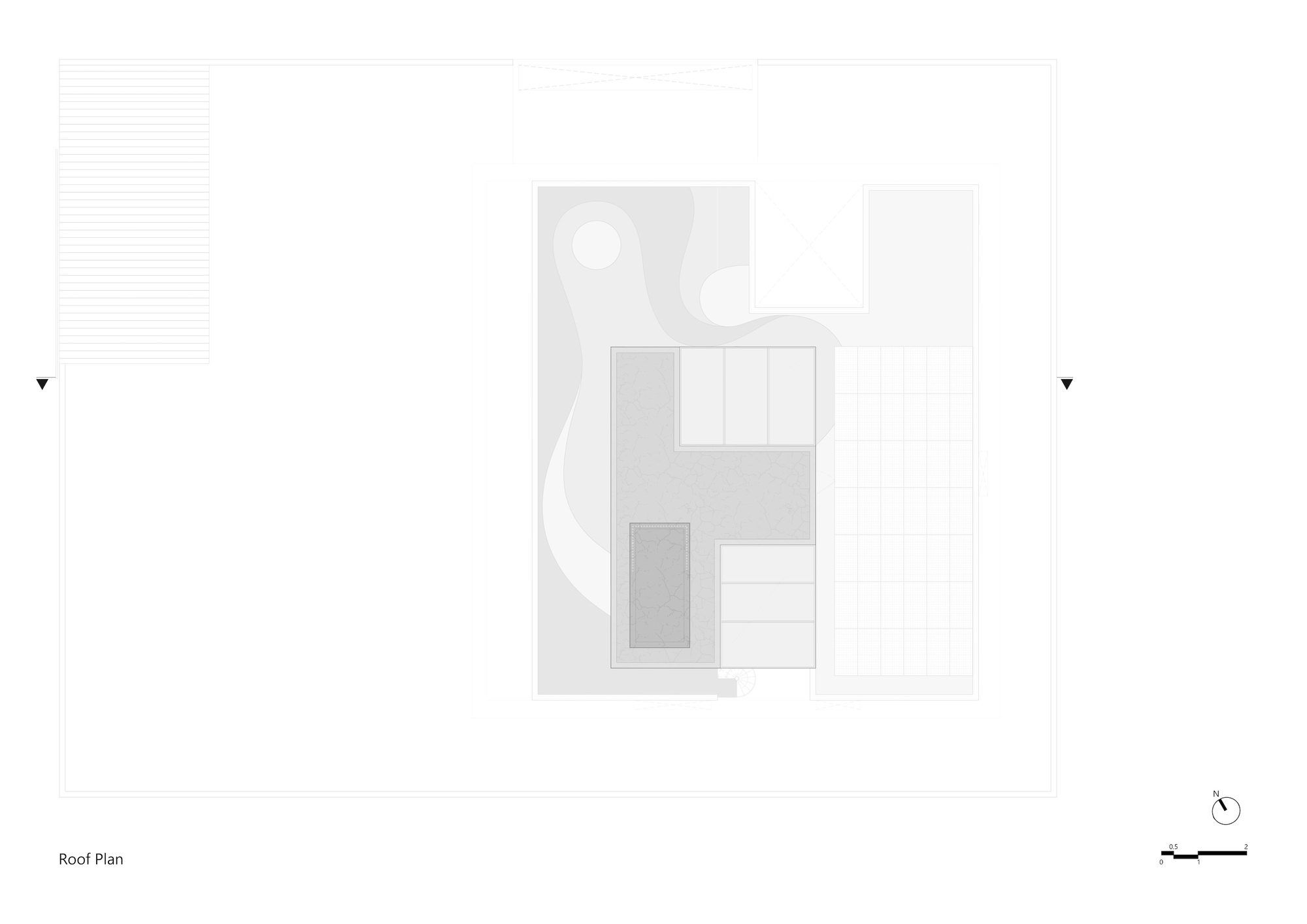 Roof plan drawing showing a curving planted terrace around a stepped rooftop core with skylight grids and a small rectangular pool