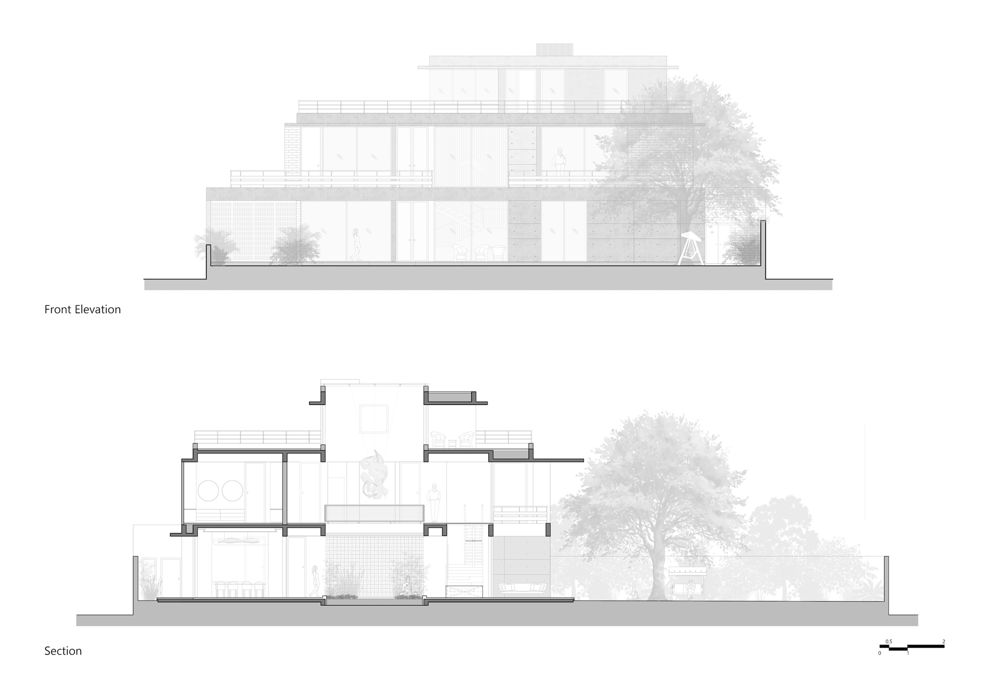 Front elevation and section drawings of a stepped three-storey house with terraces, glazed walls and a large tree at right