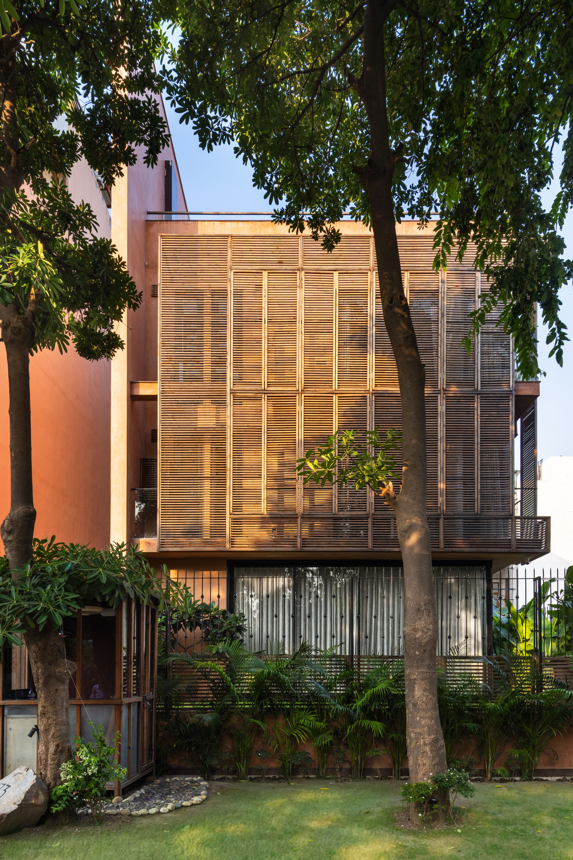 Timber louvre screen across the upper floors, seen through tree trunks and lawn in warm afternoon light