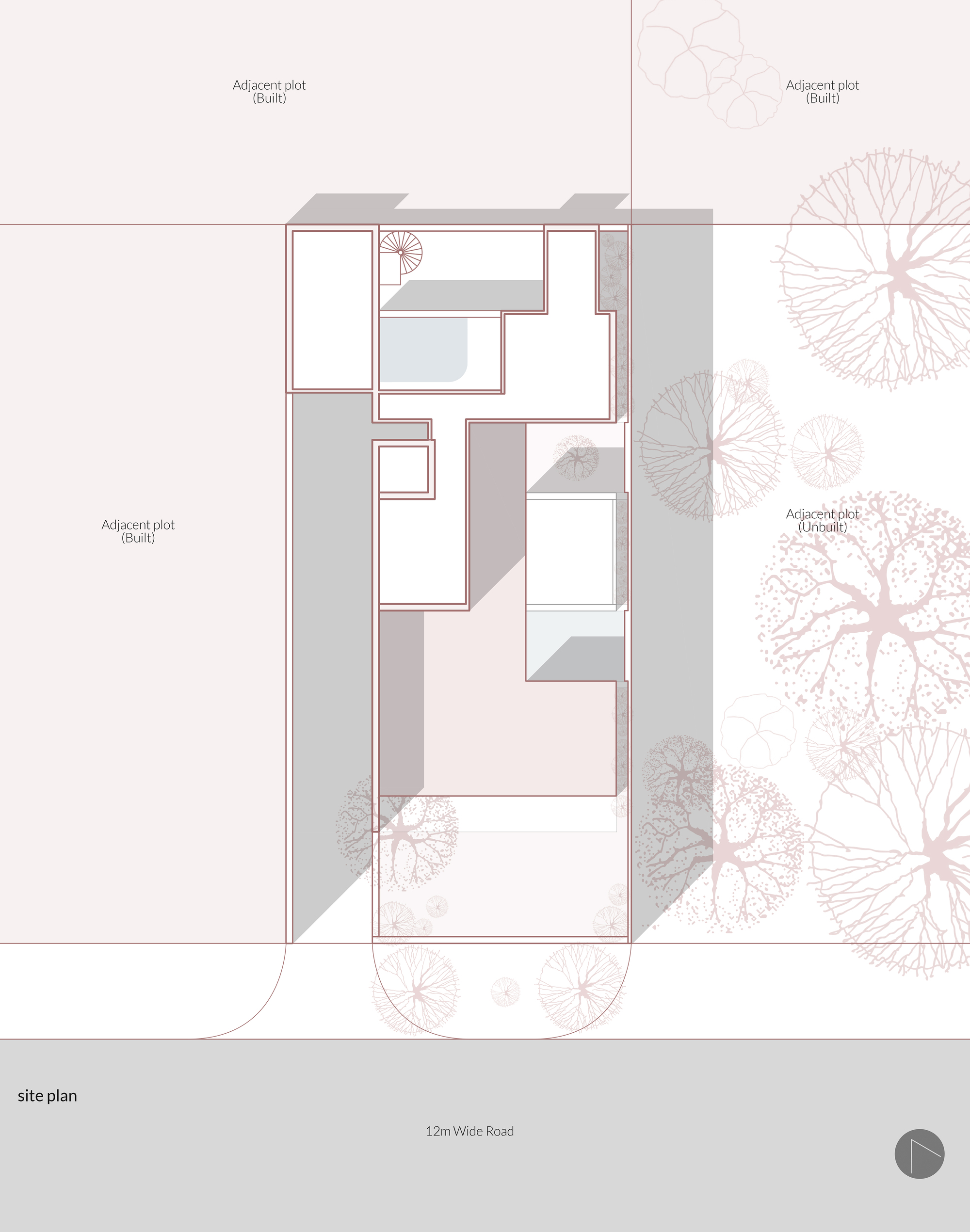 Site plan drawing showing a narrow plot between built neighbors, with tree canopies on the unbuilt side and a wide road at the base