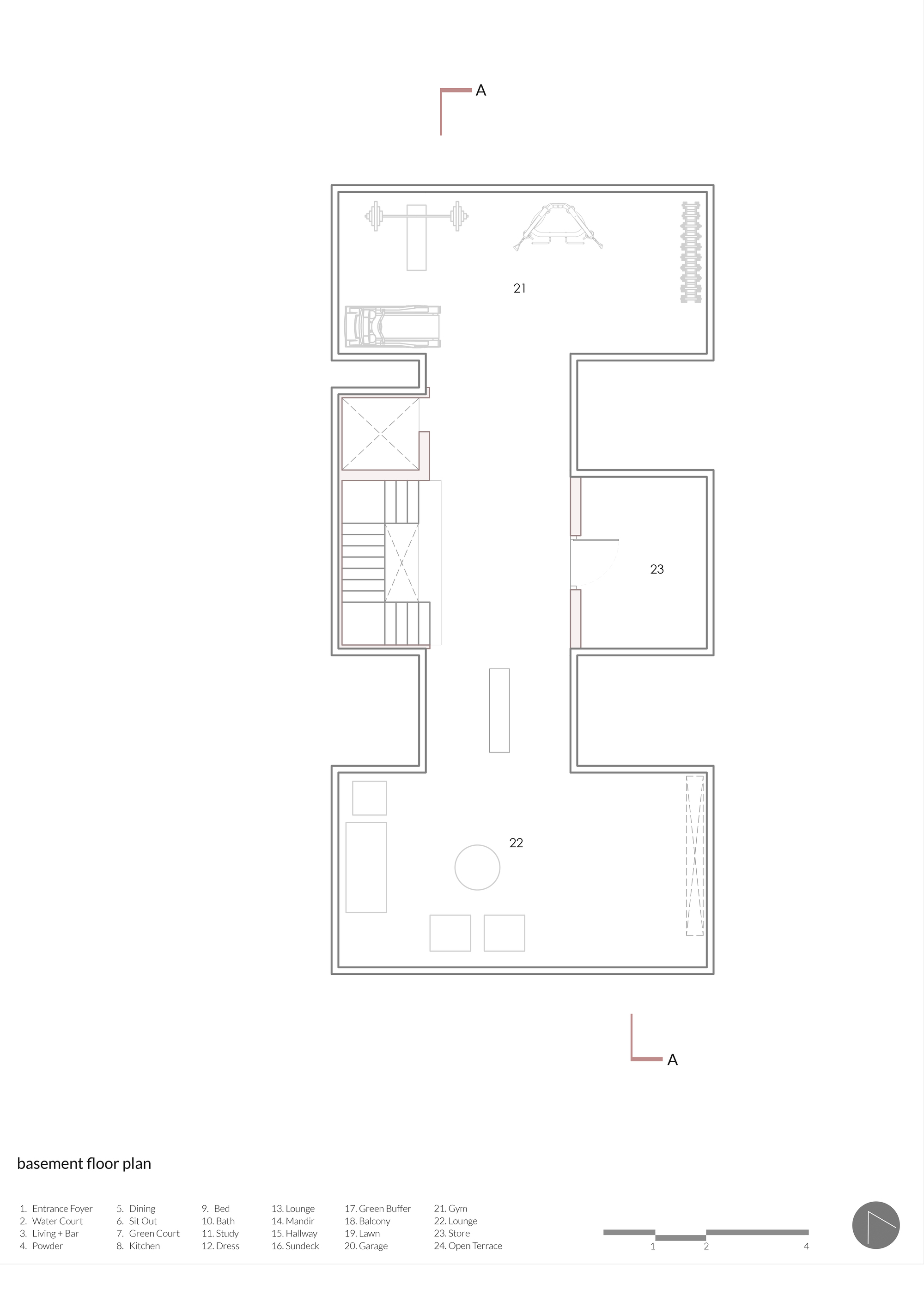 Basement floor plan drawing showing a gym, a lounge and a store arranged around a central staircase, with a section line marked