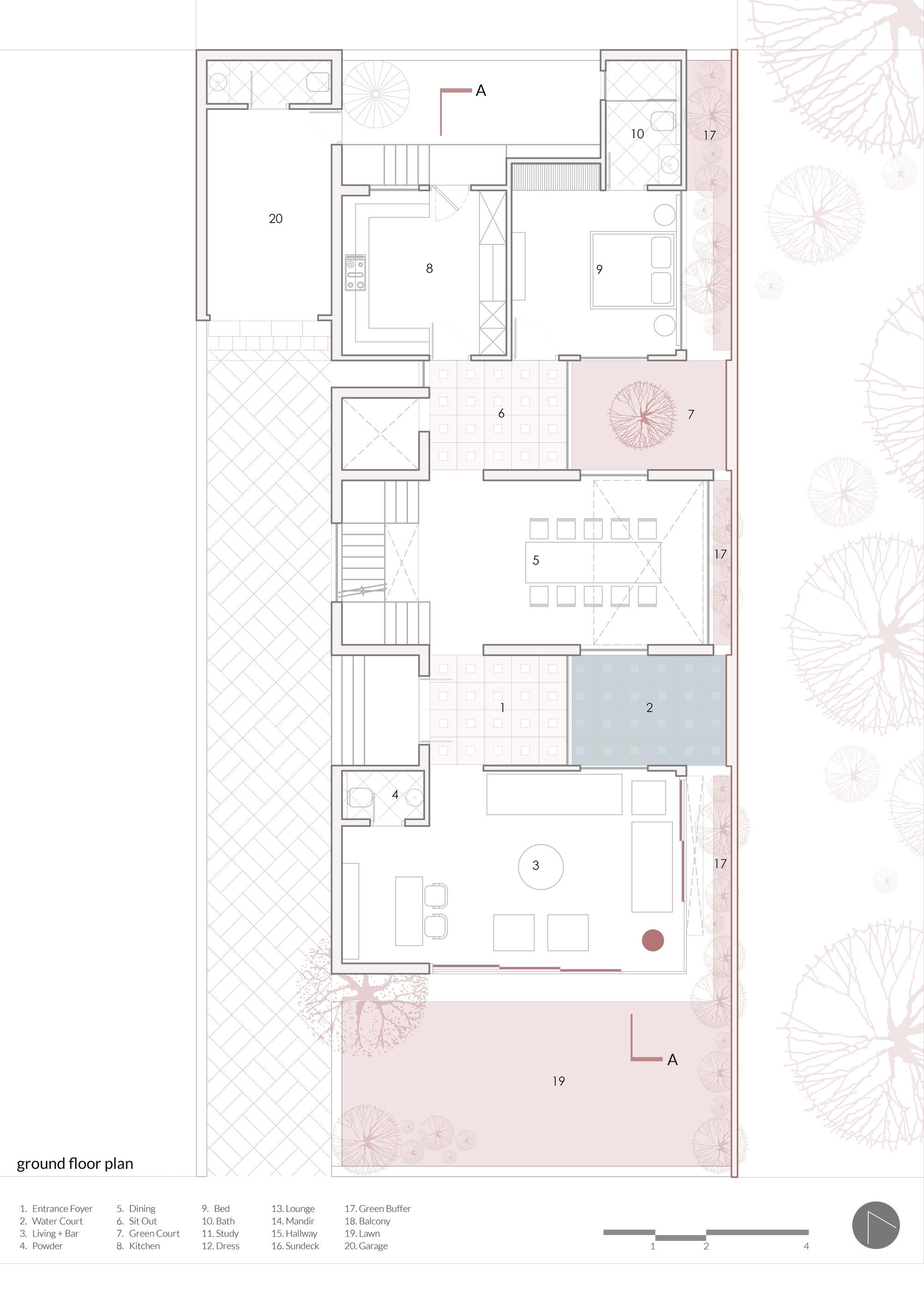 Ground floor plan drawing showing the foyer, water court, dining, kitchen and green court along a central axis, with trees at the edge