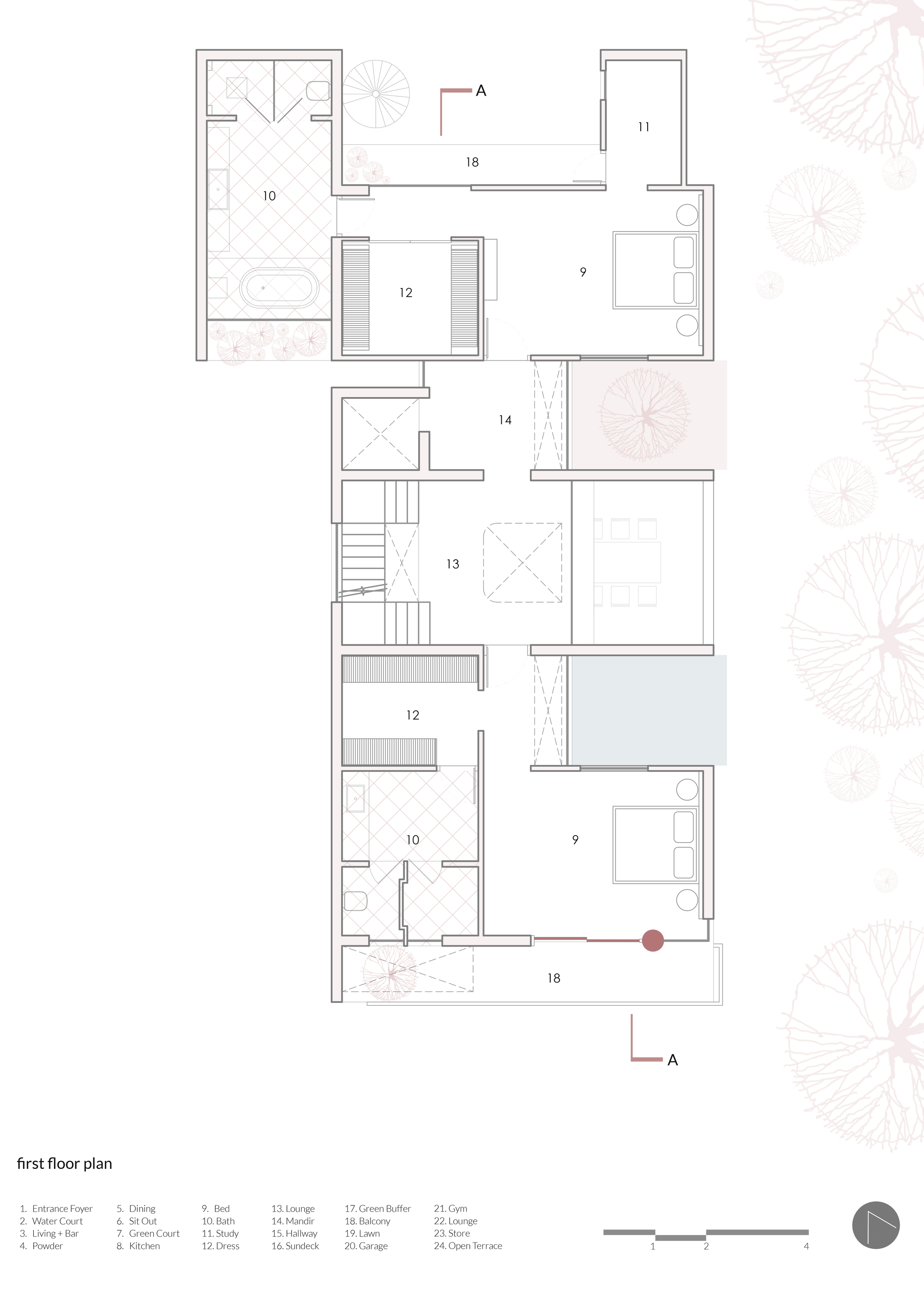 First floor plan drawing showing two bedrooms with baths and dressing rooms, a central lounge and a balcony, flanked by tree canopies
