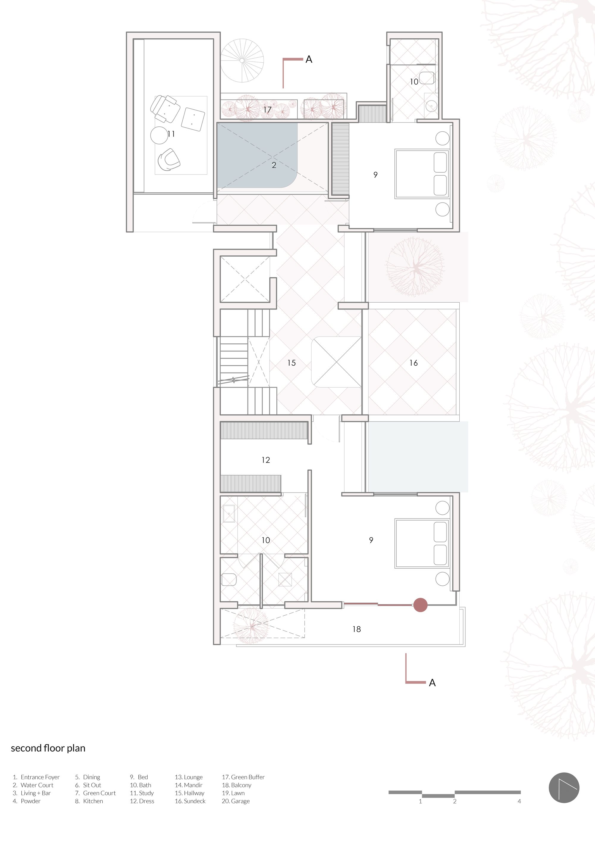 Second floor plan drawing showing two bedrooms, baths, a central hallway with stair and lift, a sundeck and a balcony, with tree canopies outlined beside it
