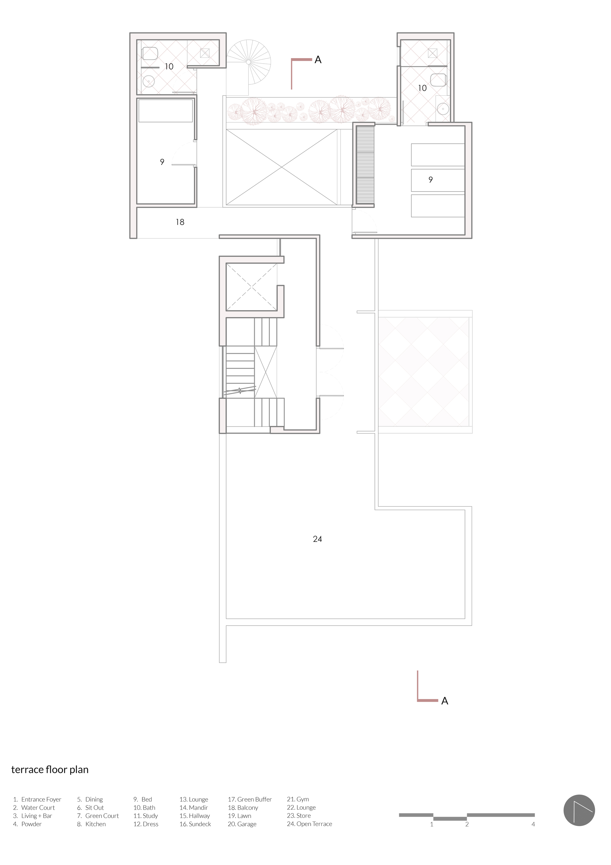 Terrace floor plan drawing showing two small bedroom volumes with baths, a planted buffer strip, a spiral stair and a large open terrace