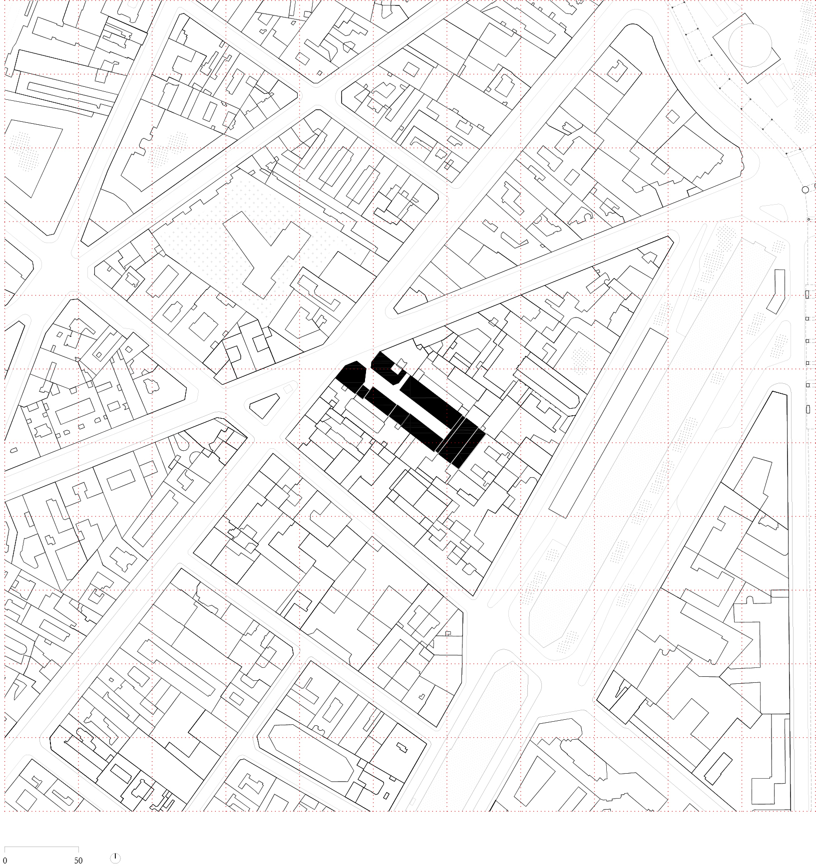 Site plan drawing of a dense urban block with the building footprint filled black among surrounding streets and plots