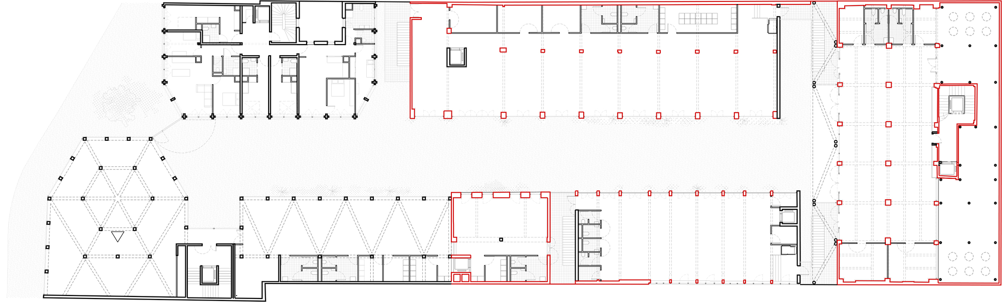 Floor plan drawing with a red outline marking the new structure, showing column grids, cores and a triangulated structural bay