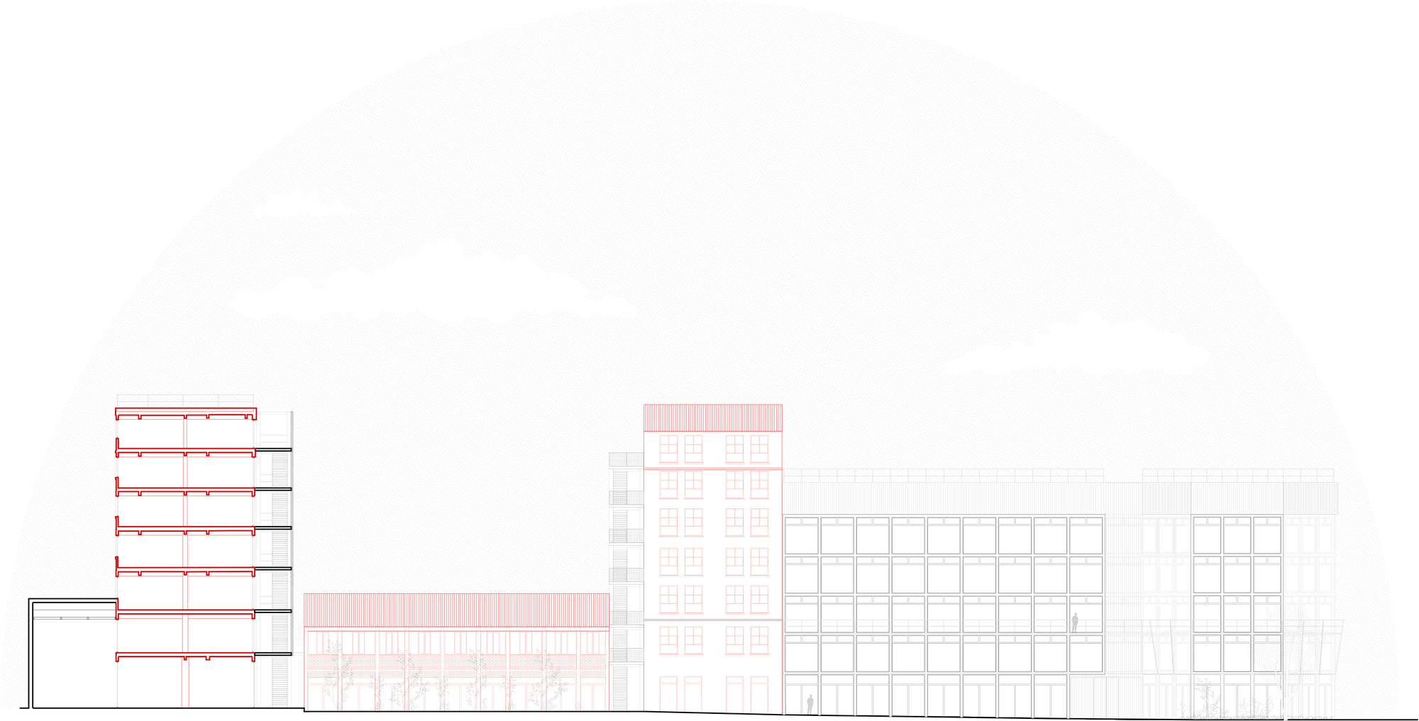 Section elevation drawing in pale grey and red showing a tall tower, a low hall and a gridded facade block